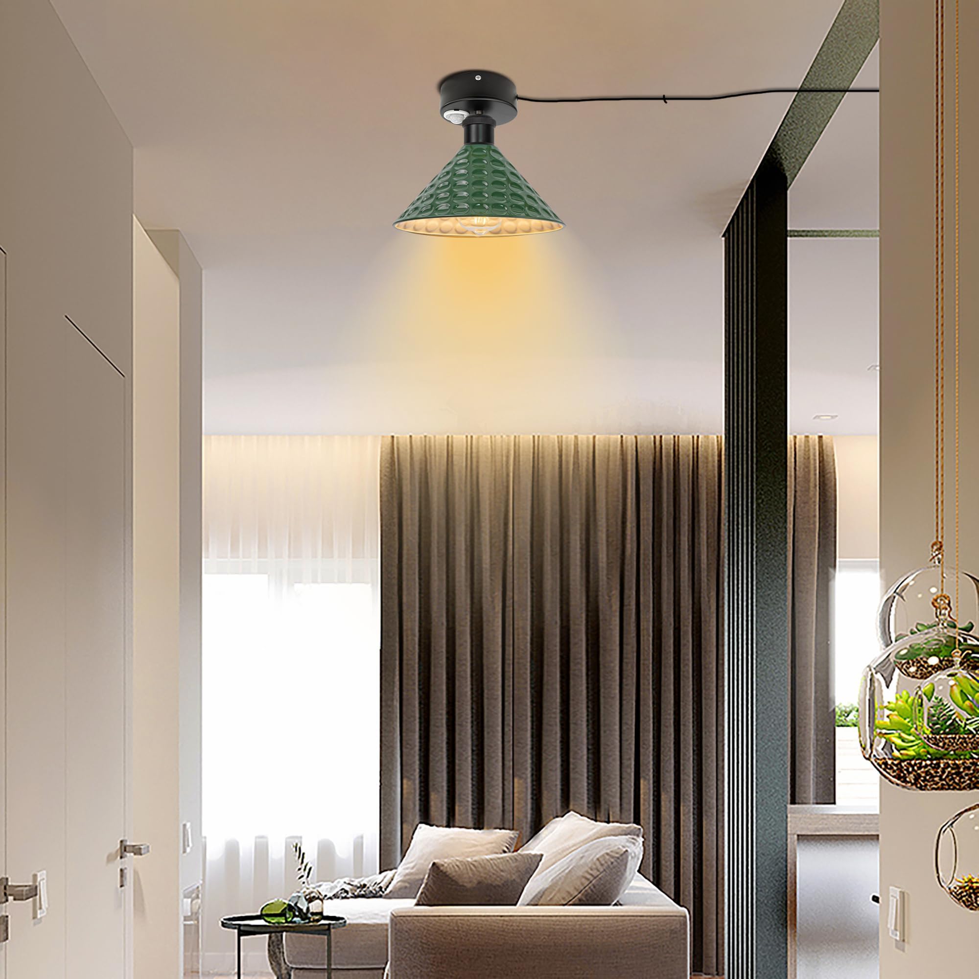 Lampada da soffitto con sensore di movimento interno, in ferro industriale, con sensore di movimento radar con cavo da 4,5 m e portalampada E27, per corridoio, bagno, scale, garage, verde