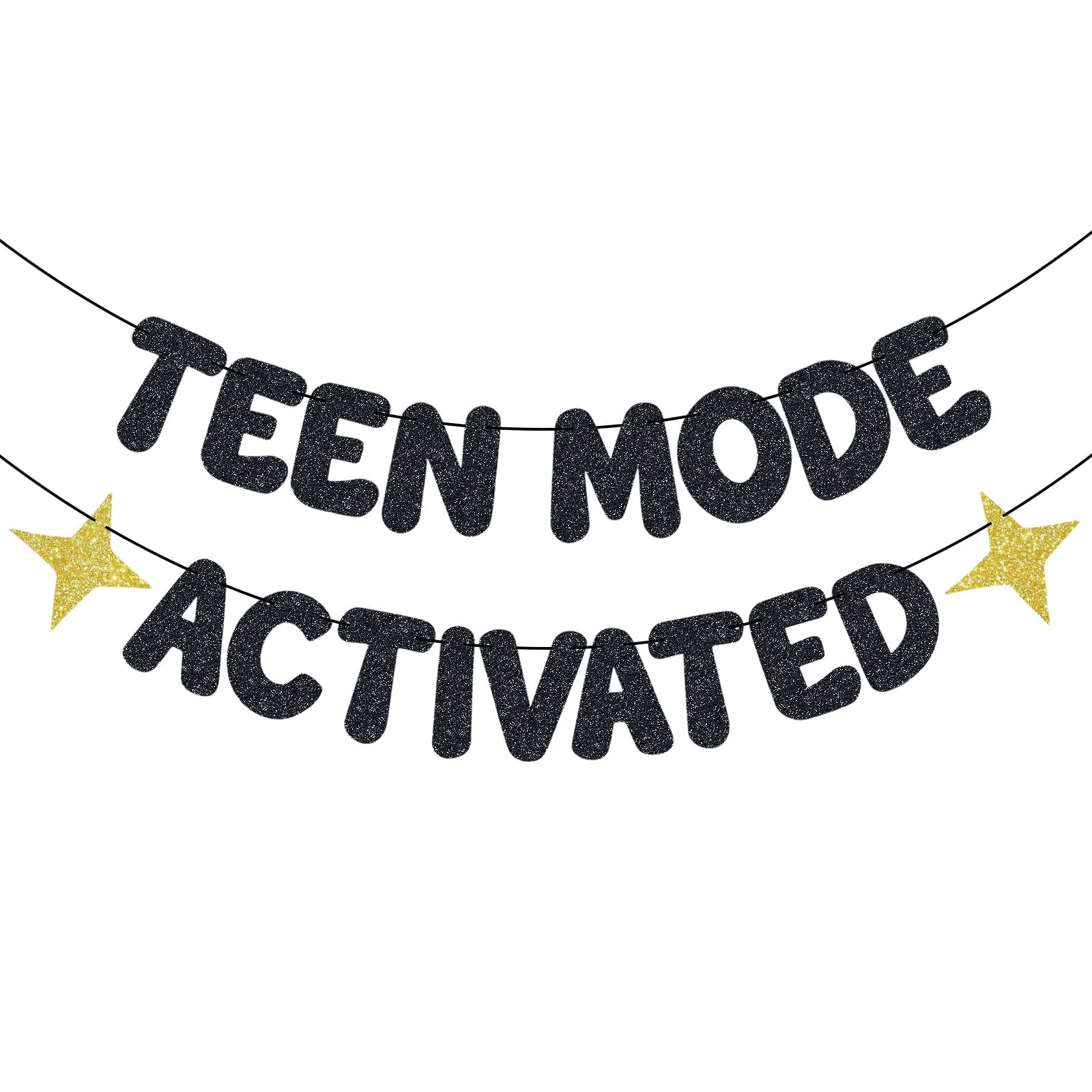 BLMHTWO Pre-Strung Teen Mode Activated Banner, Black Glitter Happy 13th Birthday Decorations Banner Officially A Teenager Party Supplies for 13 Year Old Teen Girls Boys