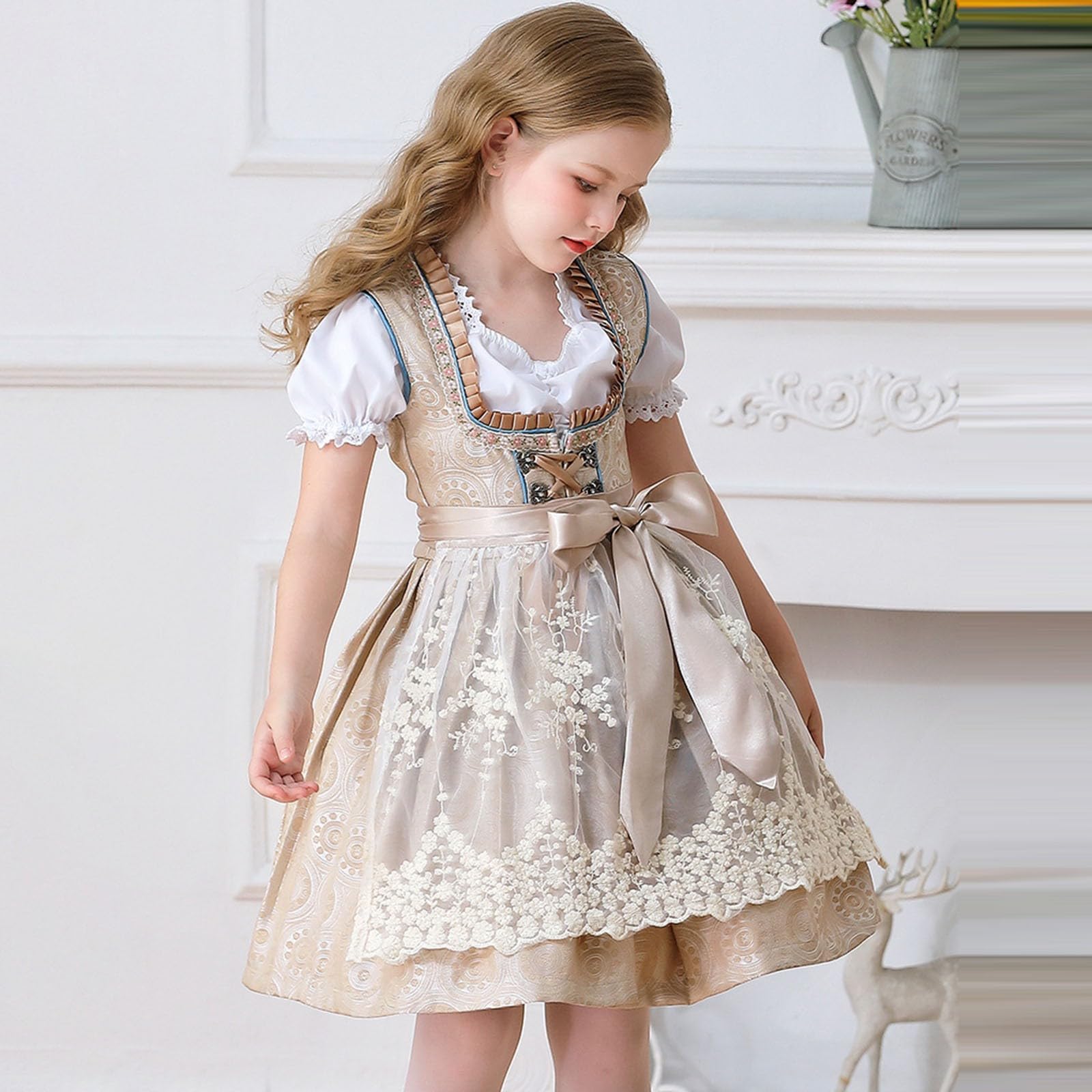 Dirndl Mädchen Midi Oktoberfest Outfit Kinder mit Puff Kurzarm Trachtenkleid Blumen Dirndl Schürze Bayerische Karneval Kleidung Münchner Bierkostüme Deutsche Bierfest Kinderdirndl