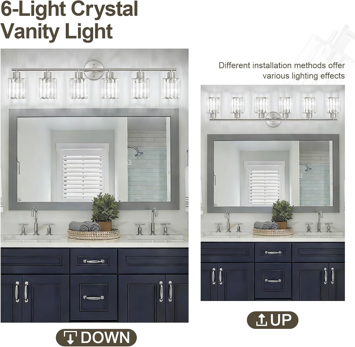 Crystal Bathroom Light Fixtures,Bathroom Lighting Fixtures Over Mirror, Modern 6-Light Brushed Nickel Vanity Lights for Mirror, Restroom,Kitchen(Ceramic E26 Socket,Bulbs Not Include)