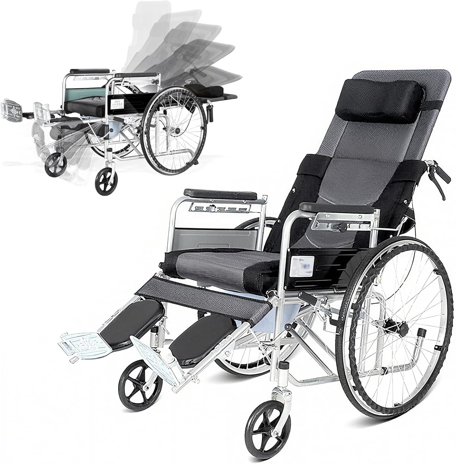 YGNVMCXJG Lightweight Foldable Transport Wheelchair with Tray – Reclining 90°–180°, High-Back Headrest, Adults & Seniors