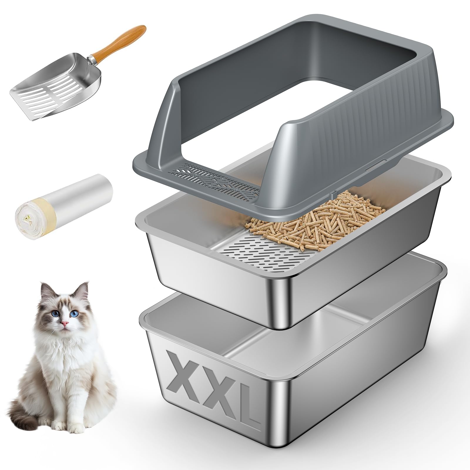 xxl stainless steel sifting litter box with lid,sifting cat litter box for wood pine pellets,16''high sides sifter litter pan system,odor control,easy to clean,with liners and scoop