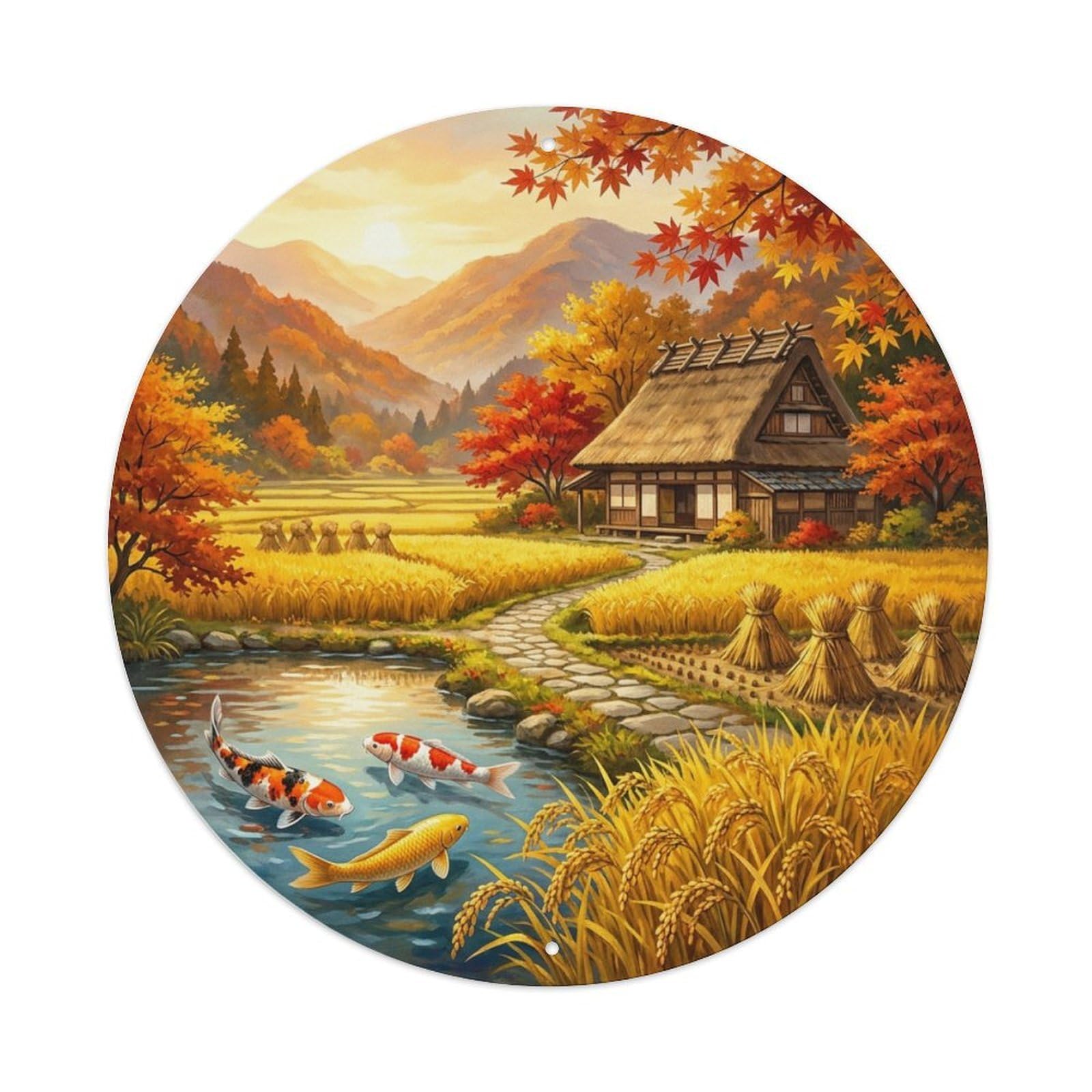 Galvaxio Style Japanese Koi Fish Harvest Rice Fields Golden Metal Tin Sign