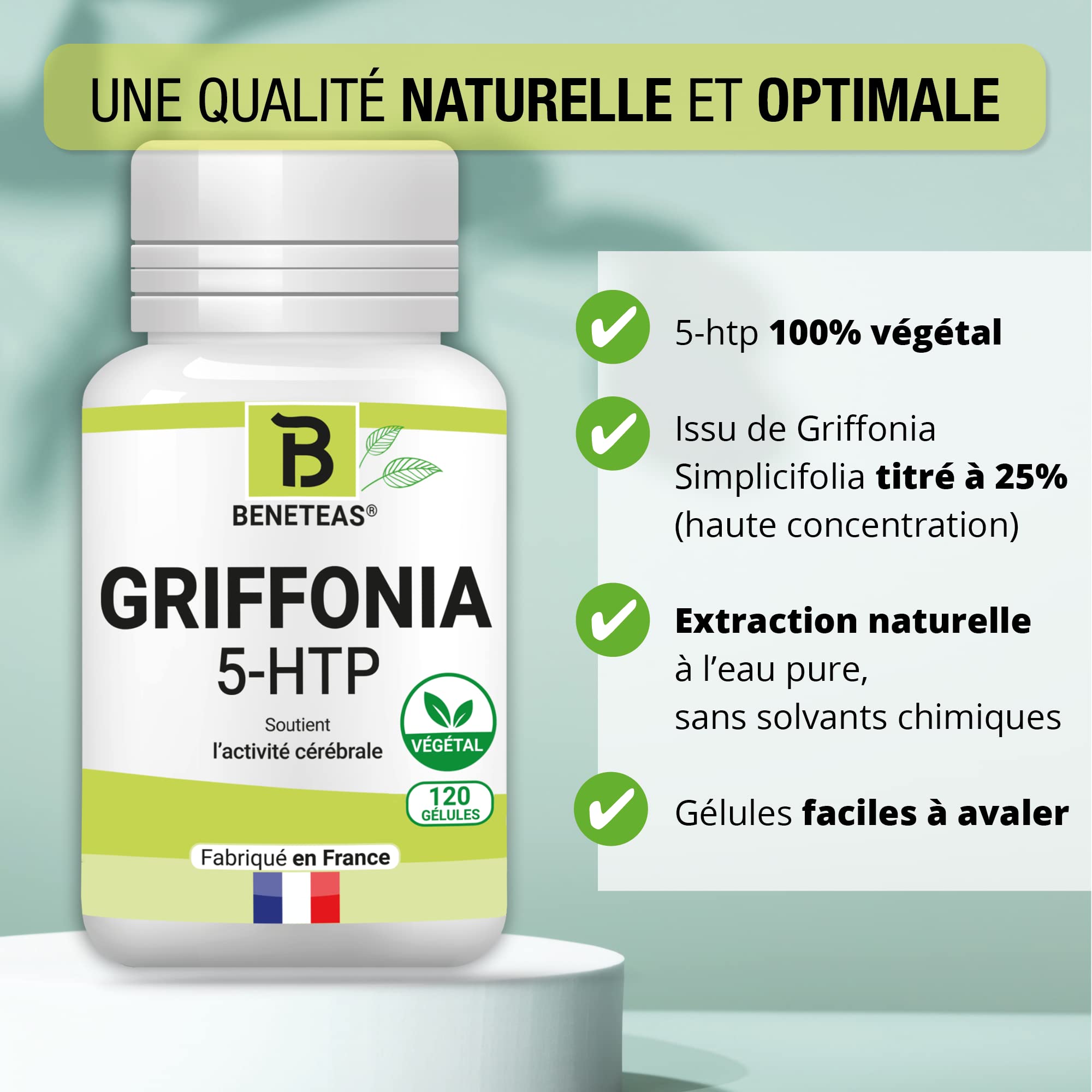 GRIFFONIA 5-HTP | Complément alimentaire | Extrait Griffonia Simplicifolia | Diminue Stress, fatigue, anxiété | Activité cérébrale | 120 gélules | NATUREL | VEGAN | Fabriqué en FRANCE
