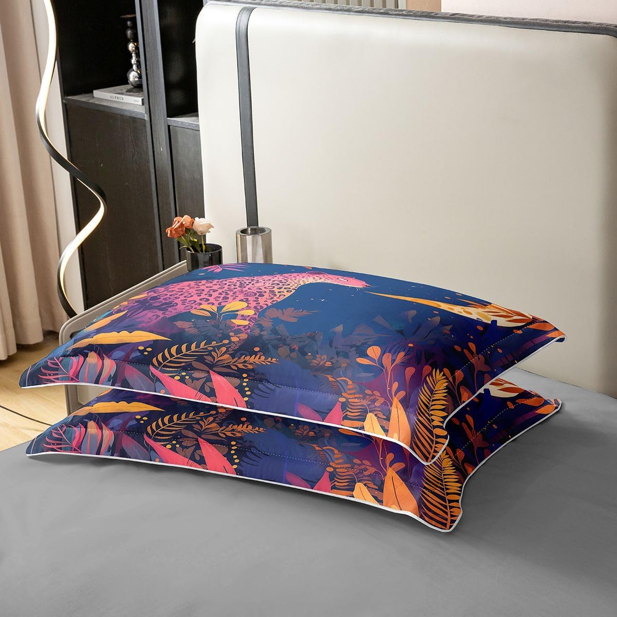 Cheetah 100% Cotton Duvet Cover Twin Size,Tropical Plants Leaves Bedding Sets 2Pcs for Kids Girls Teens Room Decor,Moonlight Night Comforter Cover Tropical Bohemian Quilt Cover,1 Pillowcase