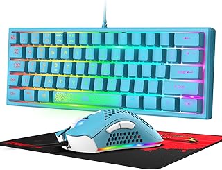 LexonElec K61-60% Compact Gaming Keyboard and Mouse Set Mechanical Feel Mini 62 Keys 12000 DPI Breathable LED Ultralight Honeycomb Shell Mouse UK Layout Ergonomic RGB Backlit Keyboard-Blue