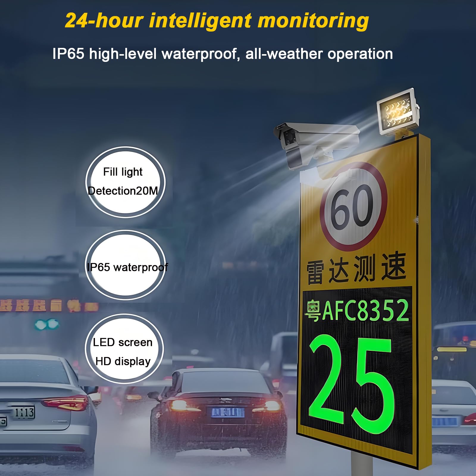 Señal De Radar IP65, Señal LED De Límite De Velocidad con Energía Solar, Límite De Velocidad Configurable, Medición Simultánea 3 Carriles, Recordatorio De Exceso De Velocidad, Carcasa Aluminio