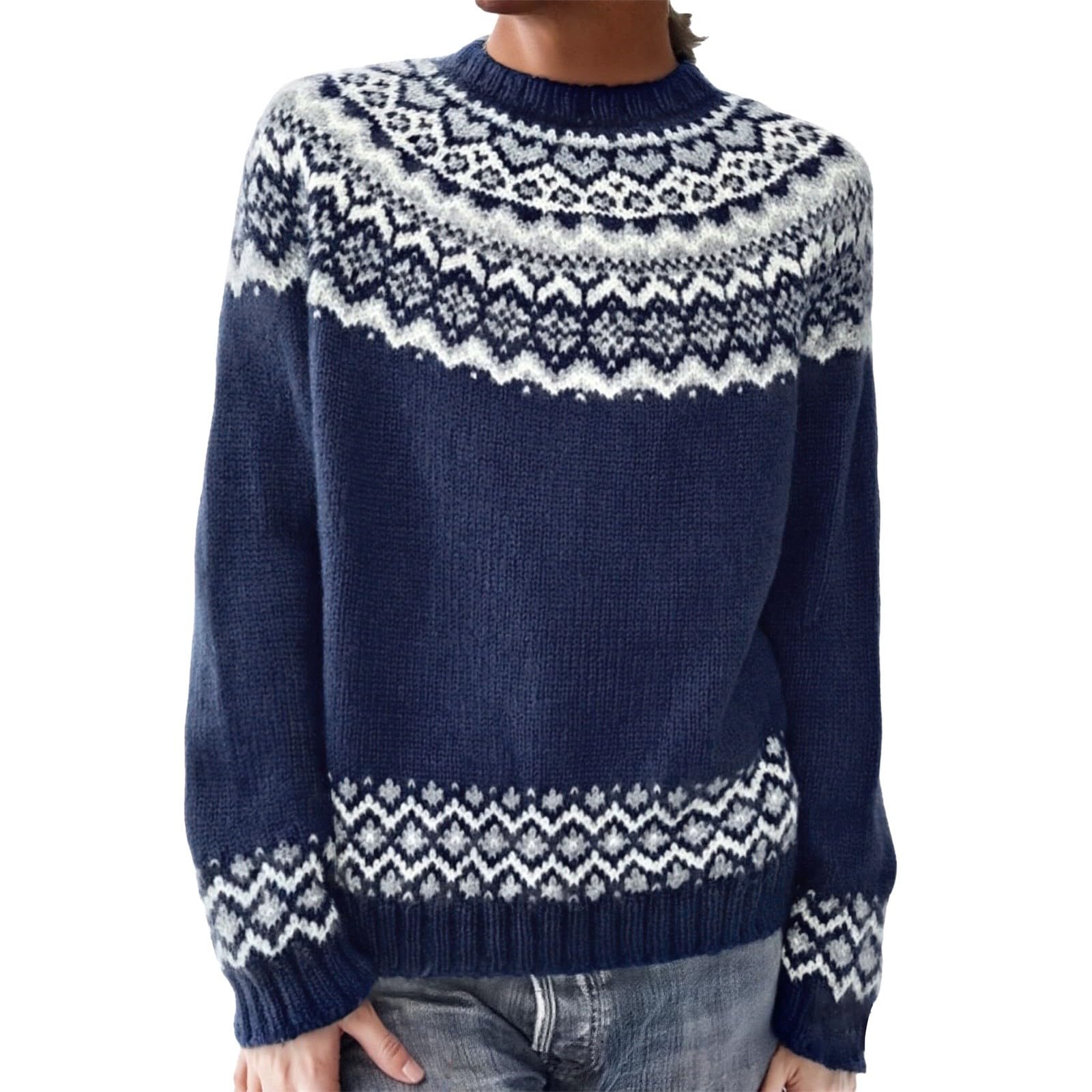 Womens Fair Isle Print Sweaters Vintage Boho Colorful Knit Crewneck Sweater Loose Icelandic Nordic Patterned Jumpers