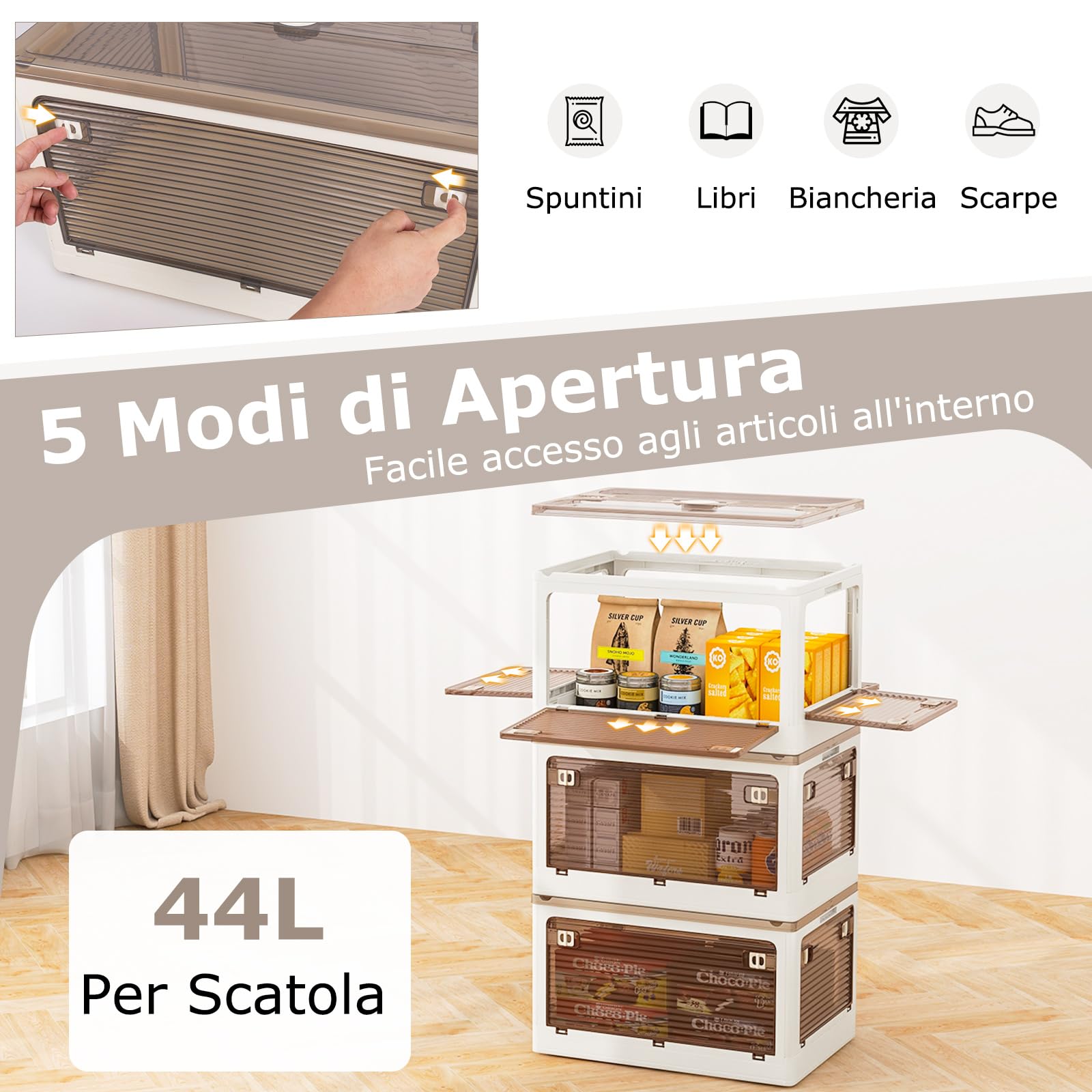 COSTWAY Set di 3 Contenitori Impilabili con Coperchi, Contenitori Pieghevoli in Plastica 132/90 L, Organizzatore con Ruote per Camera da Letto Soggiorno e Cucina (51,5x36,5x88cm)