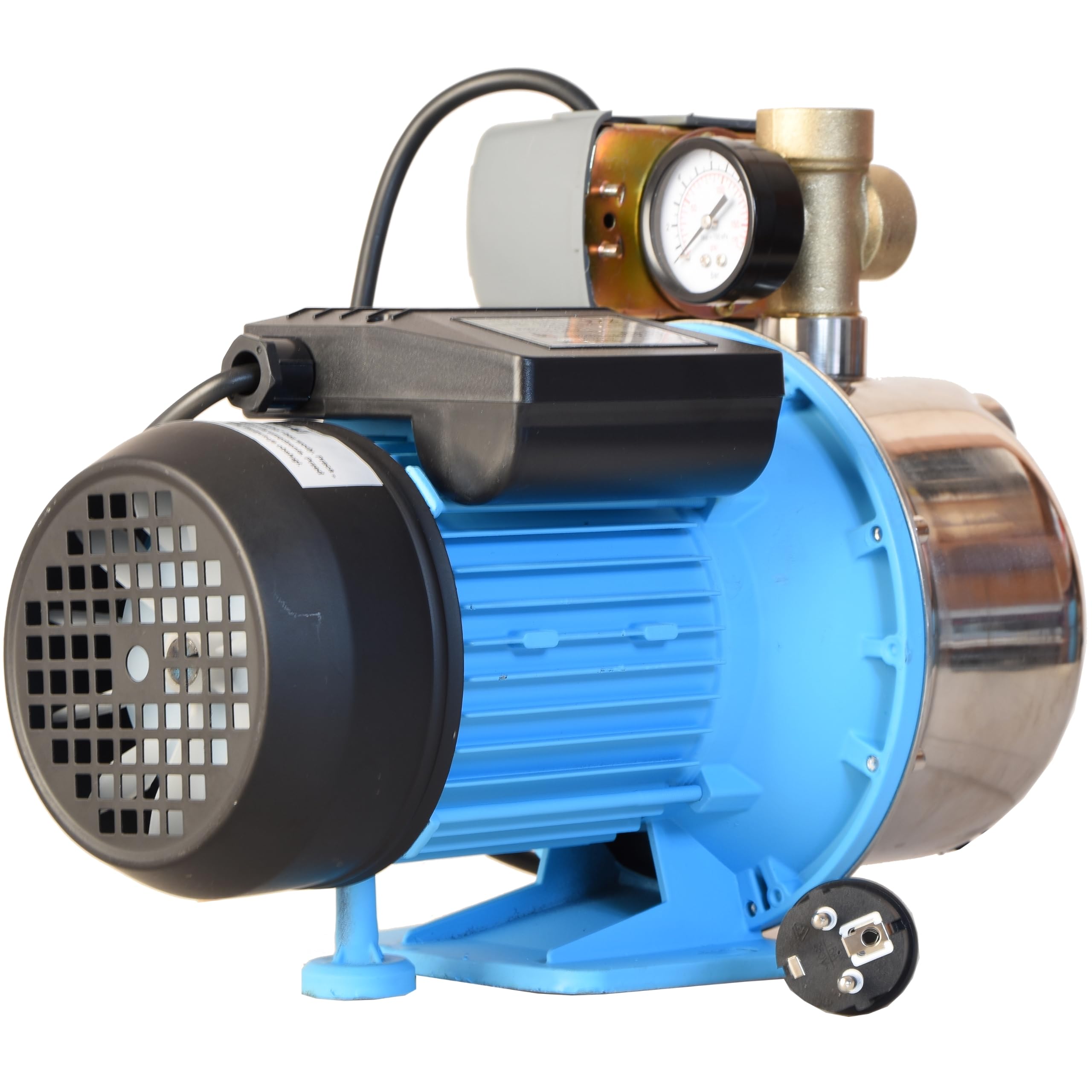 Pompe à Eau JX 1100 - Pompe de Surface (1100 W, 3600 l/h hauteur de refoulement 50 m) avec Manomètre Pressostat Raccord 5 Voies - Acier Inoxydable INOX - Pompe d’arrosage de Jardin - pour le Réservoir