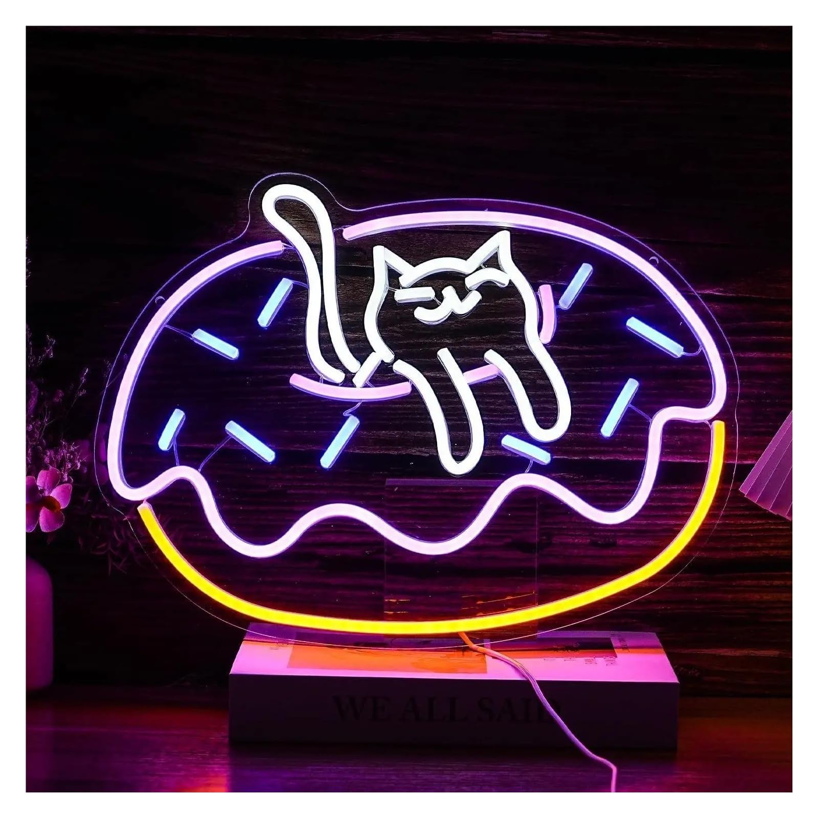 XENITE Hanging Art Neon Signs Cat Donut Neon Sign USB Dimmab LED Lights for Bakery Dessert Shop Bedroom Girls Room Decoration Wall Decor 38x28.95cm