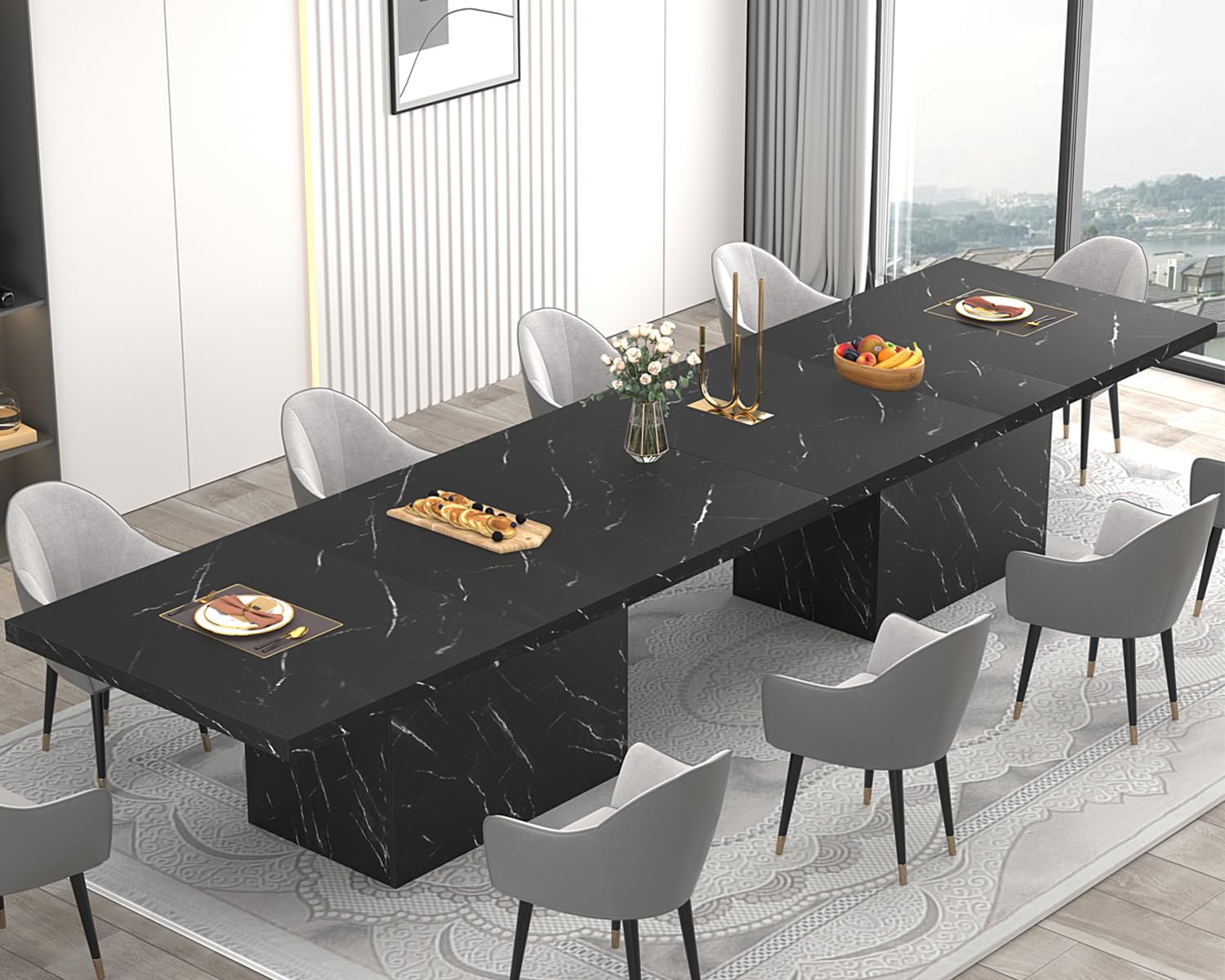 HSH Table de Salle à Manger Rectangle Table de Cuisine pour 6 à 8 Personnes Table Grand en Bois Design Industriel pour la Maison et Le Bureau Marbre Noir 180 cm