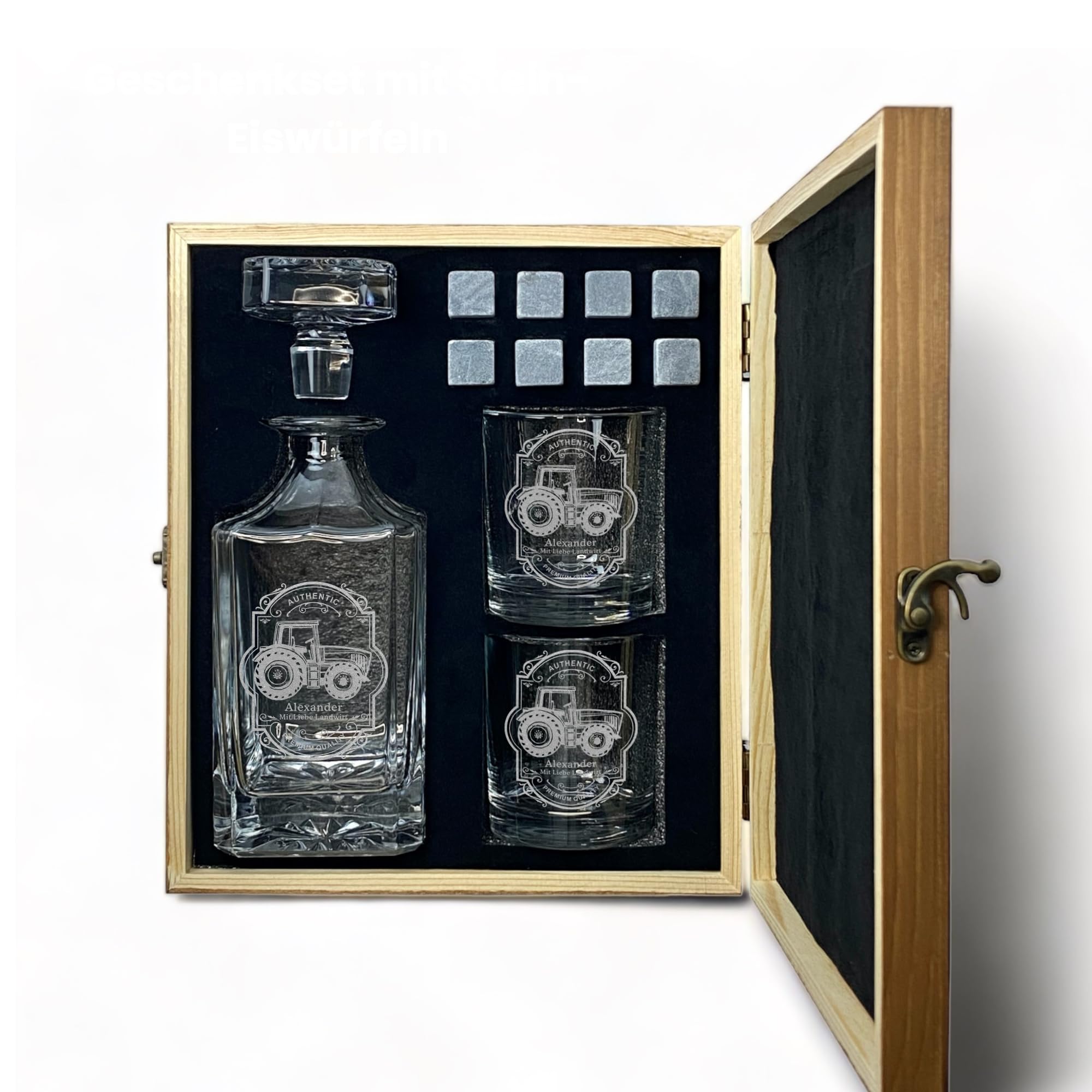 Whisky Set mit Gravur Traktor personalisiert Karaffe 700 ml und Gläser verschiedene Motive Landwirt Bauer Trecker Geschenkbox (Motiv 4: Klassisch, Karaffe + 1 Glas)