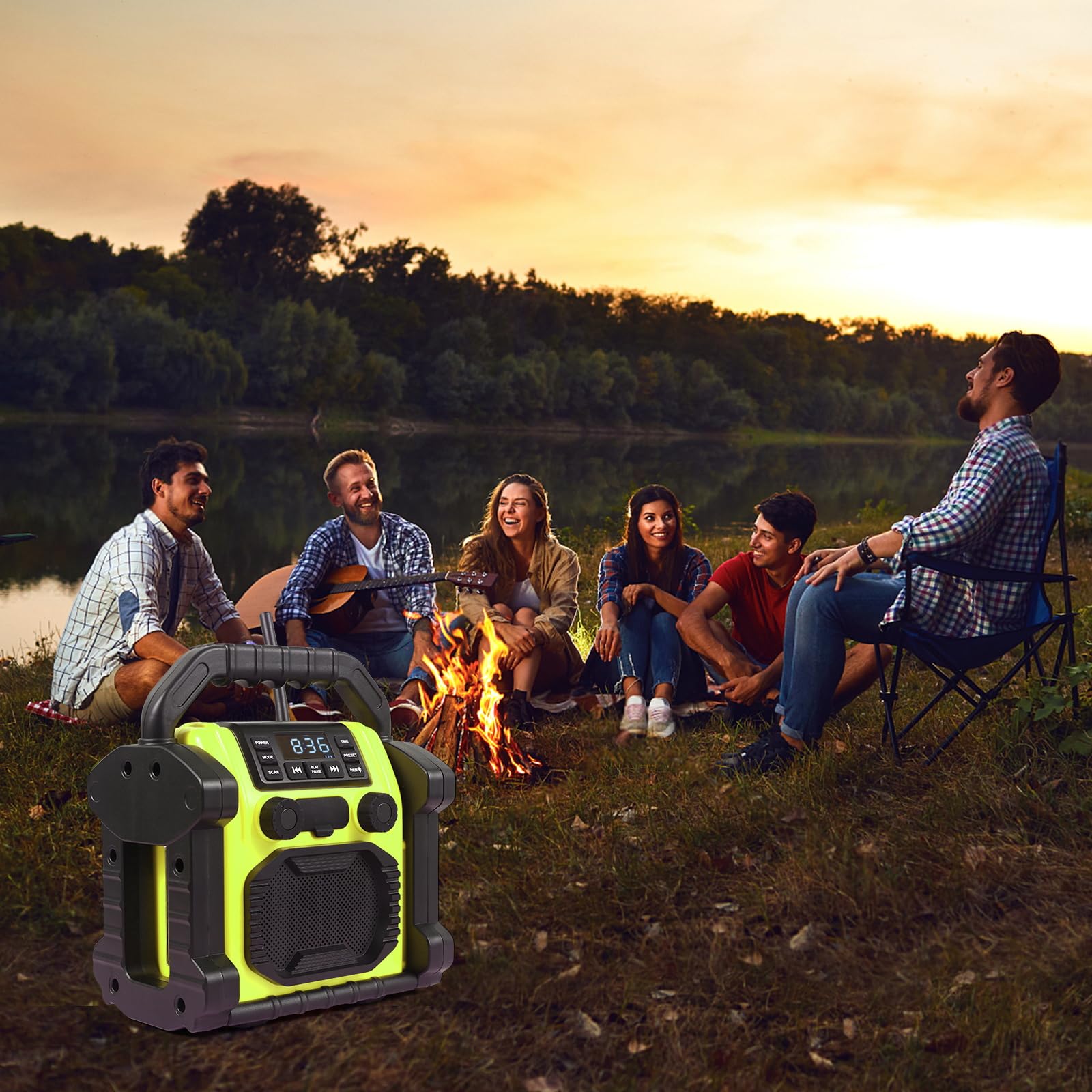 Radio im Freien wasserdicht Bluetooth Lautsprecher, 8000mAh Akku 30W Digital und manuelle Tuning FM Uhr Radio, tragbare LED-Lichter für im Freien/Arbeit/Garage