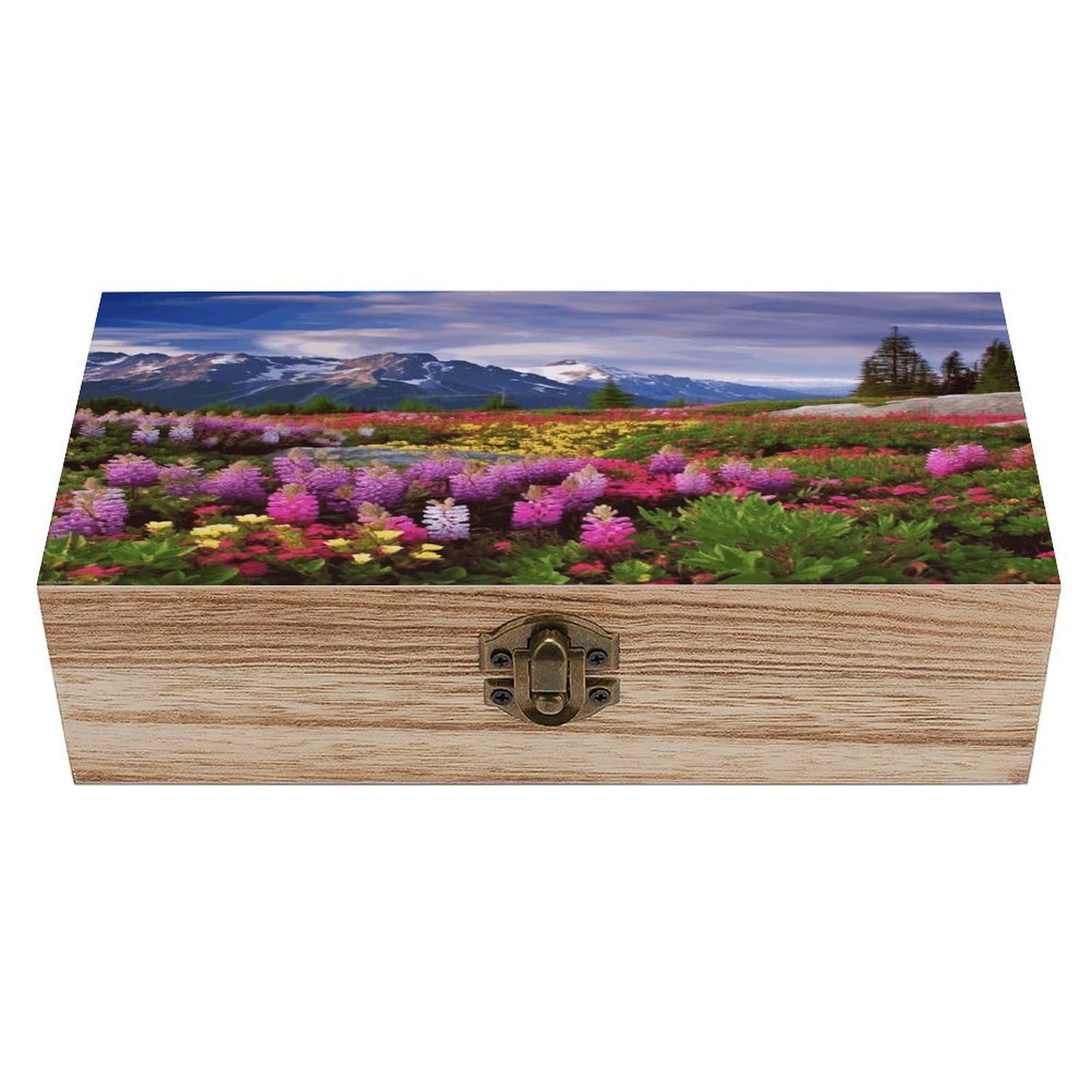 Beautiful Flowers Mountain Wood Keepsake Box Wooden Box with Hinged Lid