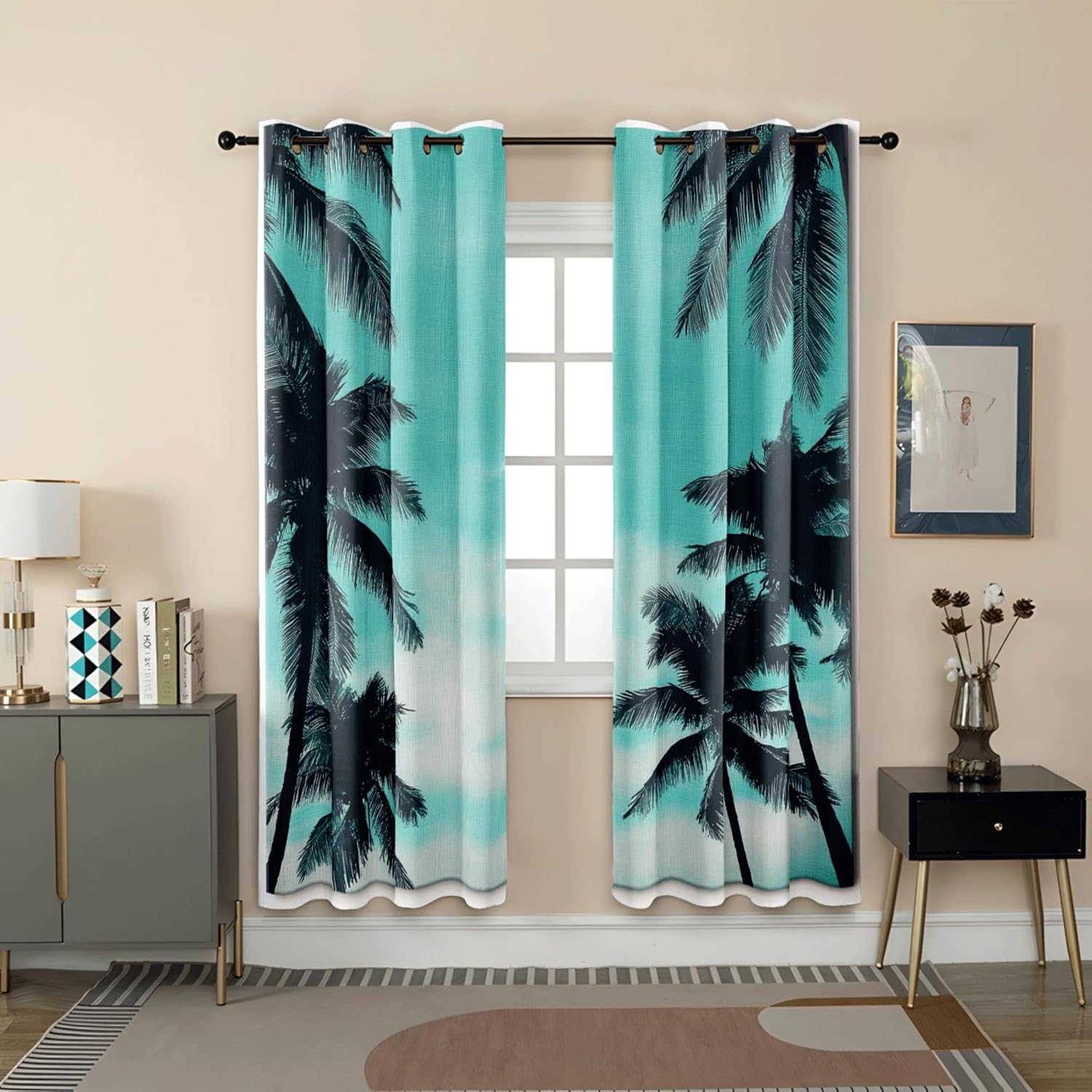 Blackout Curtains Blue Palm Tree Living Room for Bedroom Polyester Washable Thermal Insulated Noise Reducing with Eyelets Door Curtain 2 Panels 2x85x200 cm(2 x 29.53 x 65.35 inch)