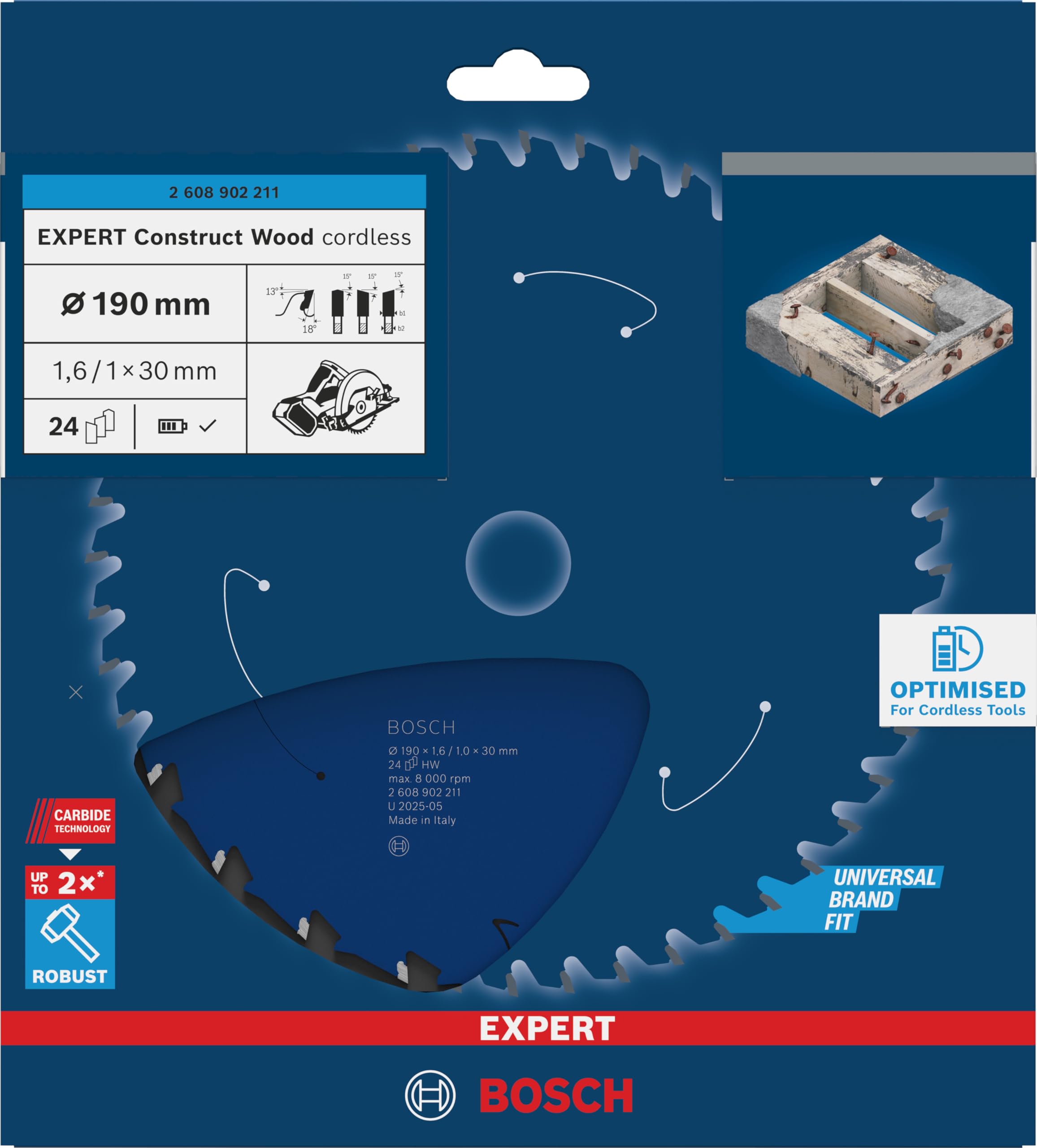 Bosch 1 hoja de sierra circular sin cable de EXPERT Construct Wood para sierras circulares de mano (para madera de construcción con mortero y clavos, diámetro mm, accesorios profesionales, sierras