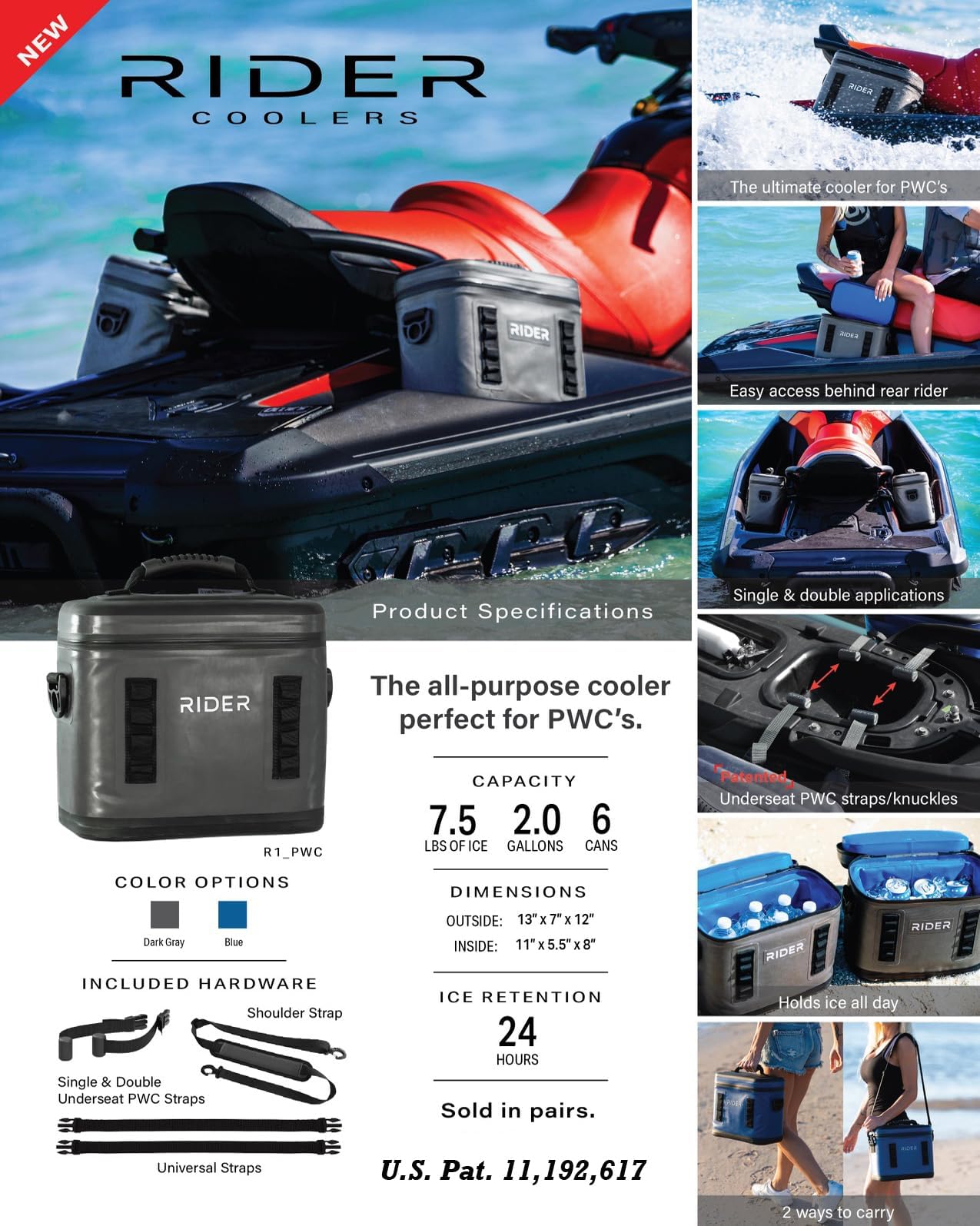 Rider Coolers PWC Jet Ski Sea Doo Cooler zestaw 2 lodówek pasuje do wszystkich osobistych jednostek pływających - szary