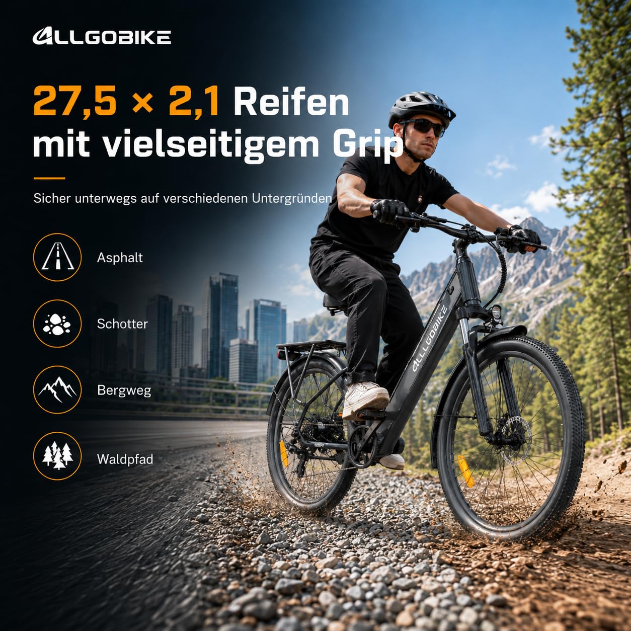 AM27 Elektrofahrrad 27,5 Zoll E-Bike für Damen und Herren 250W Motor 36V 15Ah Akku 25 km/h 7-Gang-Schaltung 3 Unterstützungsstufen Scheibenbremsen LED-Beleuchtung