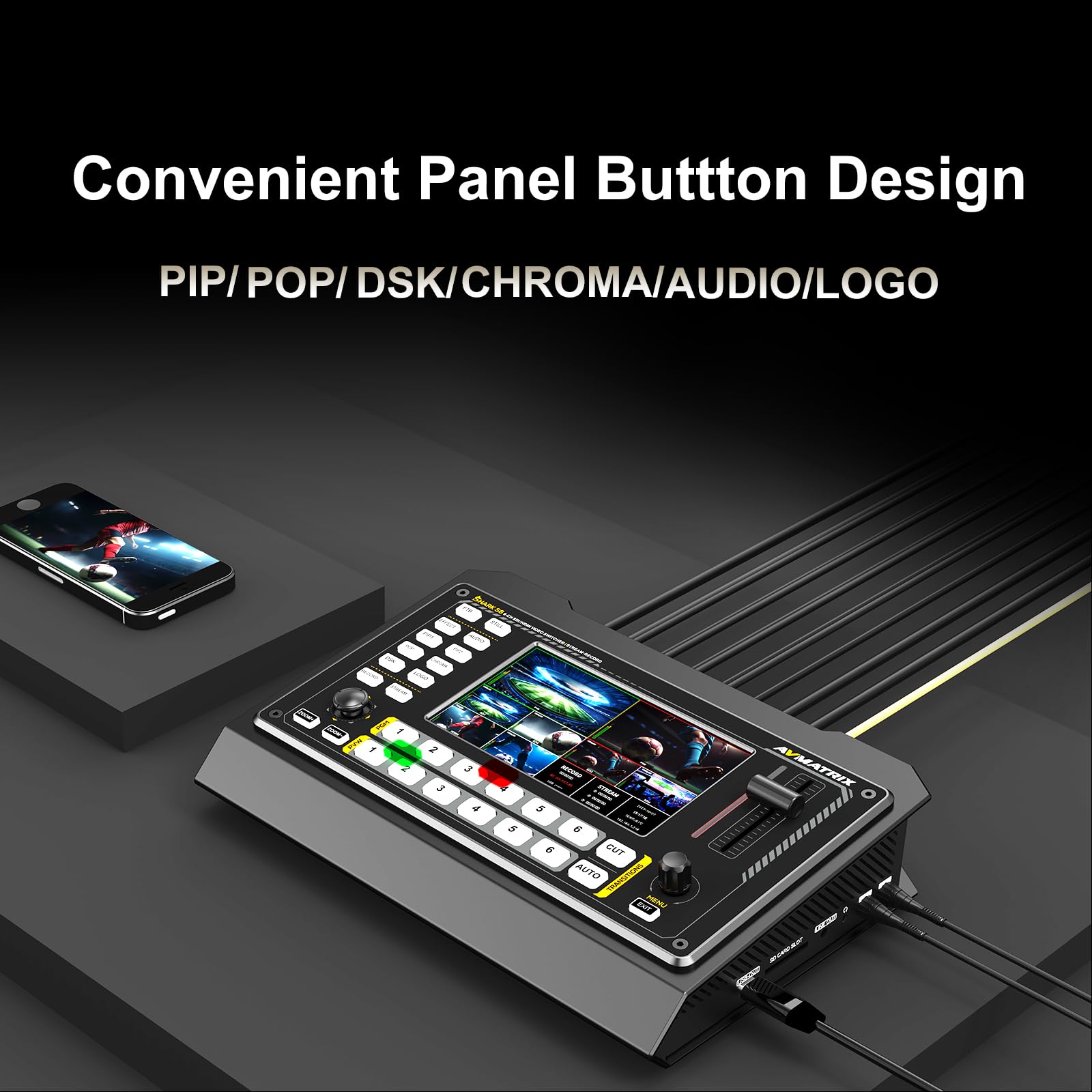 AVMATRIX Shark S6 - Commutatore video multi-camera con schermo da 5 pollici, ingressi SDI/HDMI, registrazione USB e scheda SD, uscite Ethernet e USB per streaming live in tempo reale, comodo controllo