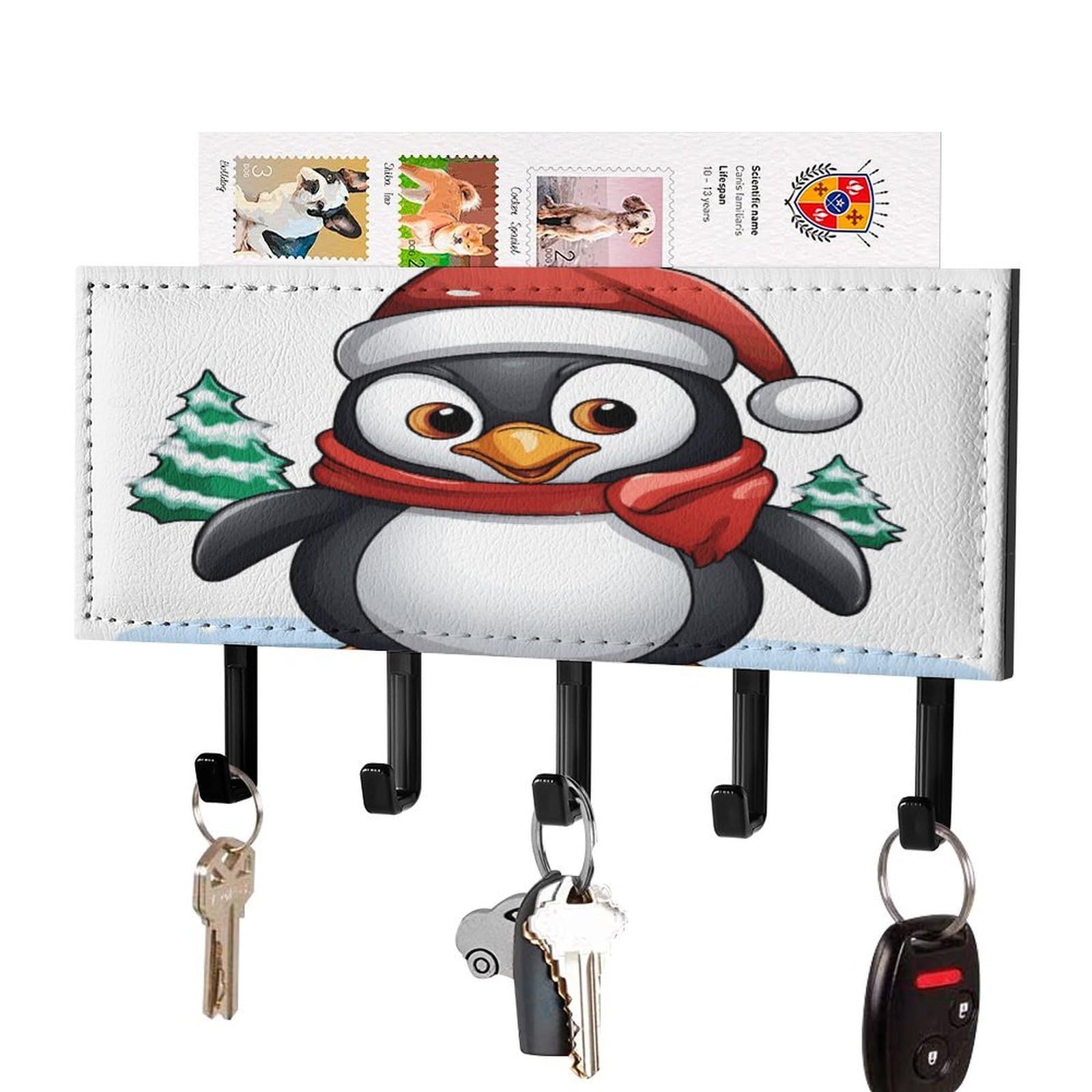 Fekiloot Black-Style Christmas Penguin Key Holder For Wall Decorative Mail Organizer With 5 Key Hook Self Adhesive Key Rack With Tray Coat Rack Wall Mount Key Hanger Decor For Entryway Door