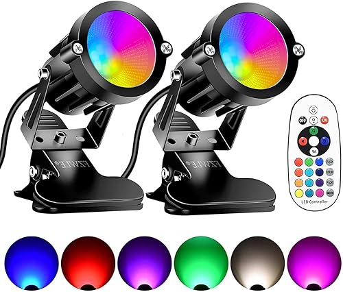 RGBW 7W Clamp & Clip-On Spot Lights with Remote, 16 Color Changing Uplighting Indoor, 6FT Cord & Switch Included (2-Pack)