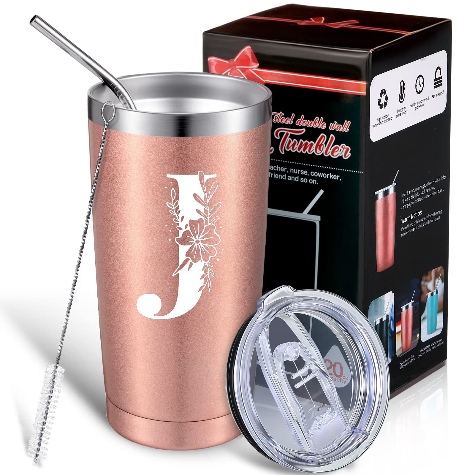 Thenshop Personalized Initial Mug Tumbler 20oz, Monogrammed Travel Mug with Gift Box for Wedding Birthday Graduation Party, Birthday Christmas Gifts for Women Mom Sisters Teacher Coworker (J)