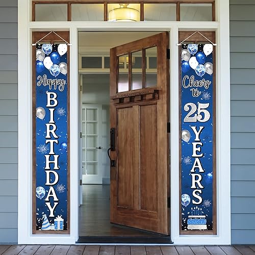 Nelbiirth Decoraciones de feliz cumpleaños 25, cartel colgante de puerta con globo azul y plateado número 25, suministros para fiesta de cumpleaños