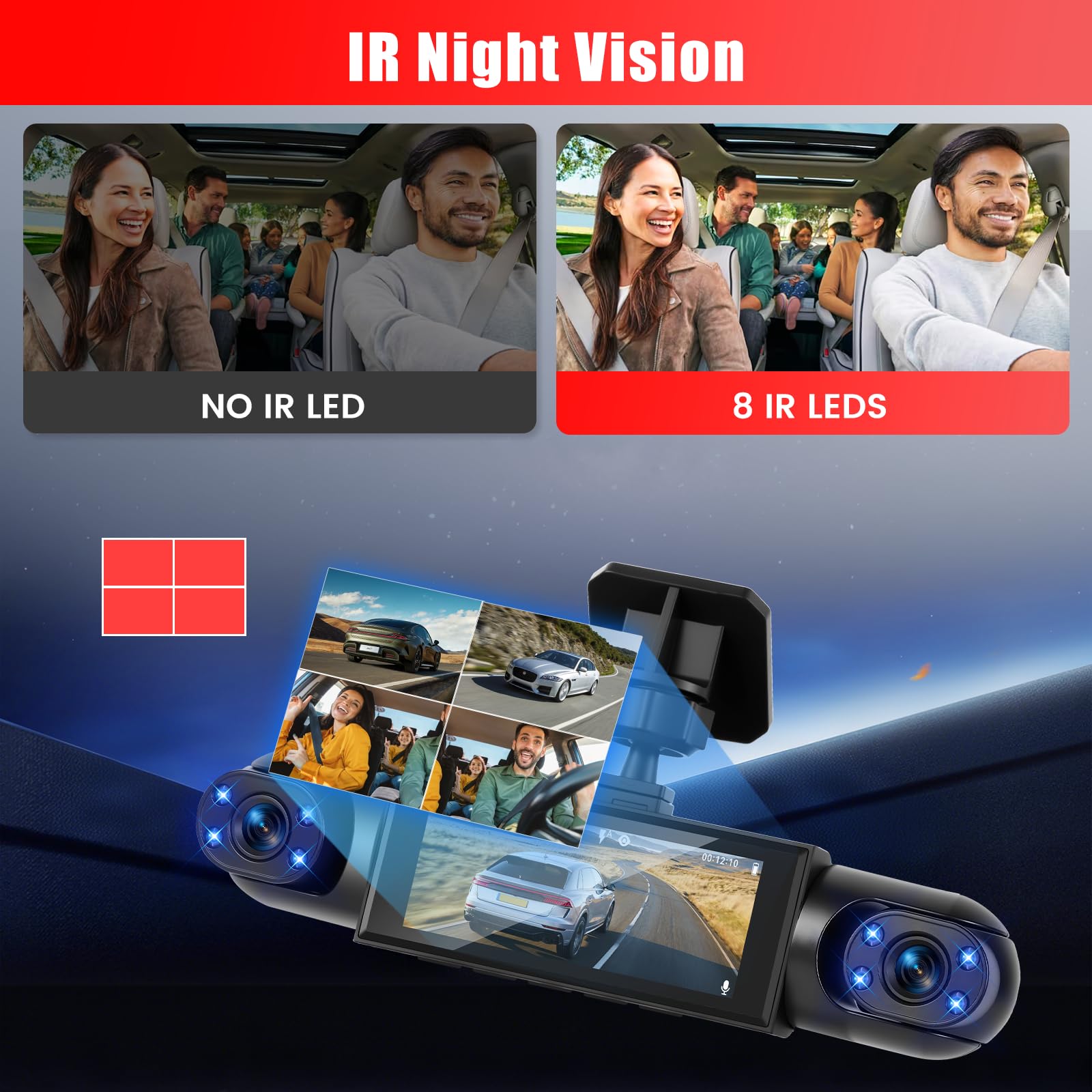 1080P Dash Cam 360 Gradi 4 Canali, Schermo 3.16 Pollici con 64GB
