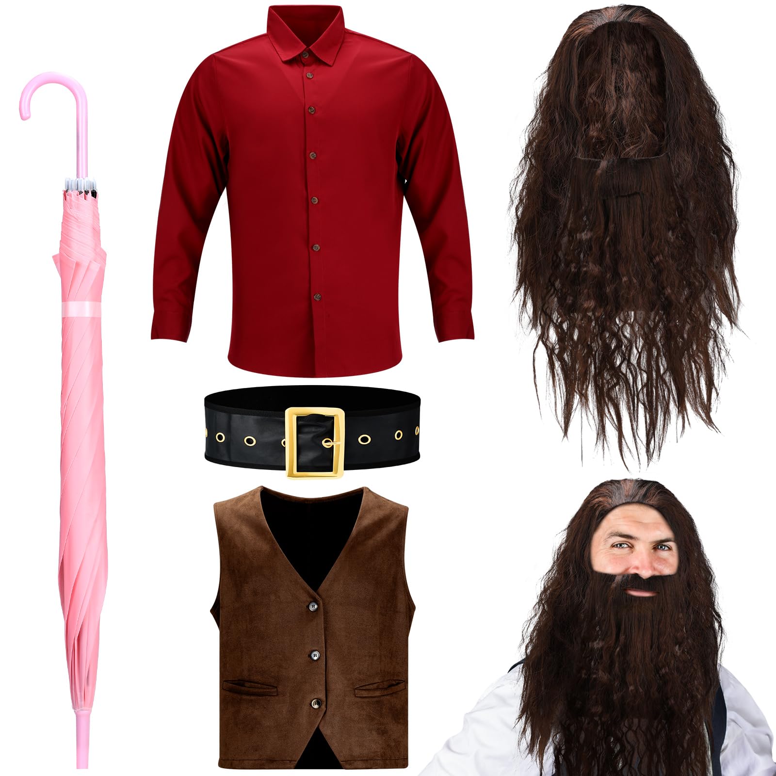 Ramede 5 Pcs Halloween Brown Wizard Wig and Beard Costume for Men Brown V Neck Vest with Pockets Long Sleeve Shirt Belt Automatic Umbrella Red Accessories for Cosplay Outfit Adult Men