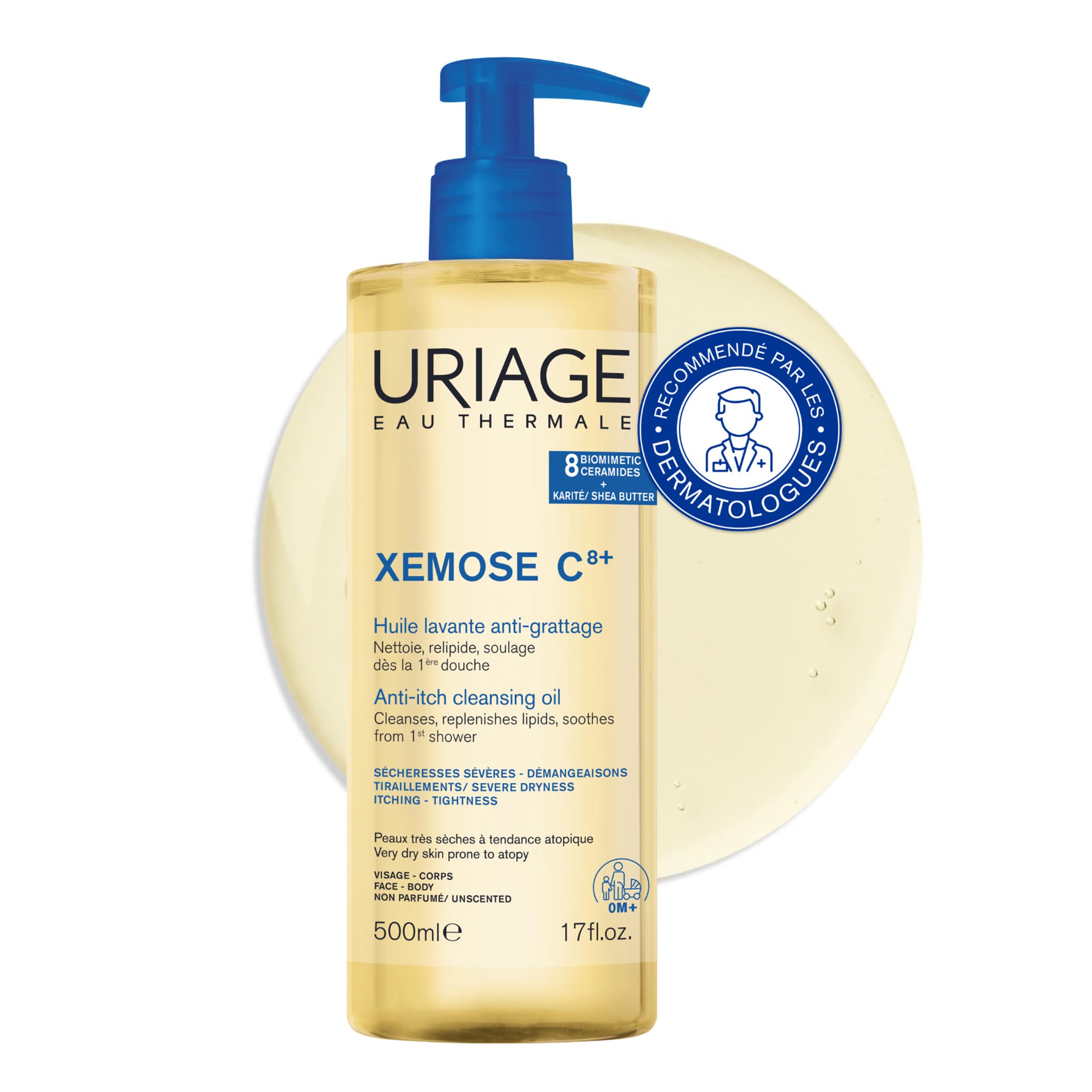 Uriage Xemose C8+ Huile Lavante Peau Sèche à Tendance Atopique - Nettoie et Apaise les Démangeaisons - Moussant et Nourrissant - Visage & Corps - Non parfumée - Sans Savon - pH physiologique - 500ml
