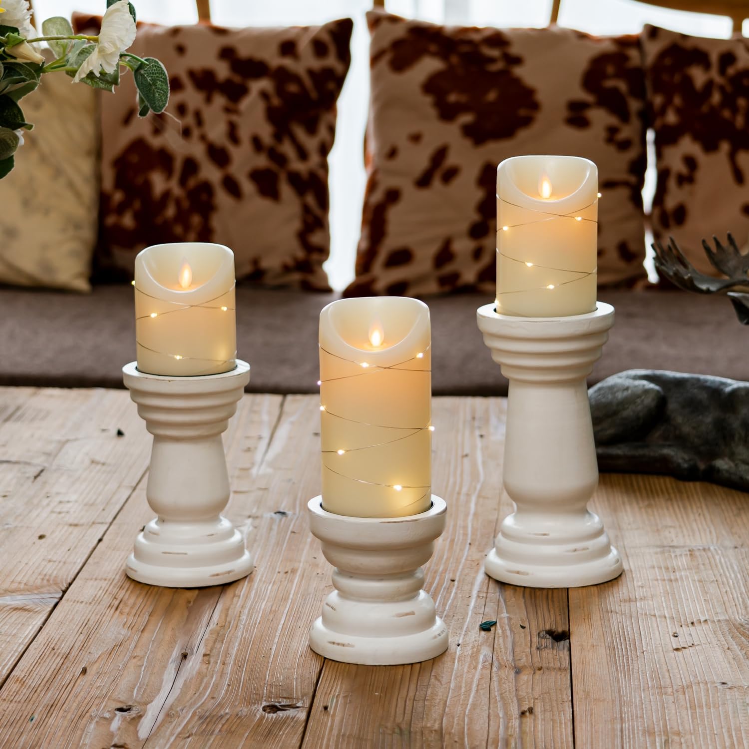 Homemory Wood Candle Holders for Pillar Candles Set of 3, Candle Stick Candle Holder Table Centerpiece Decor for Fireplace, Rustic, Farmhouse (White)