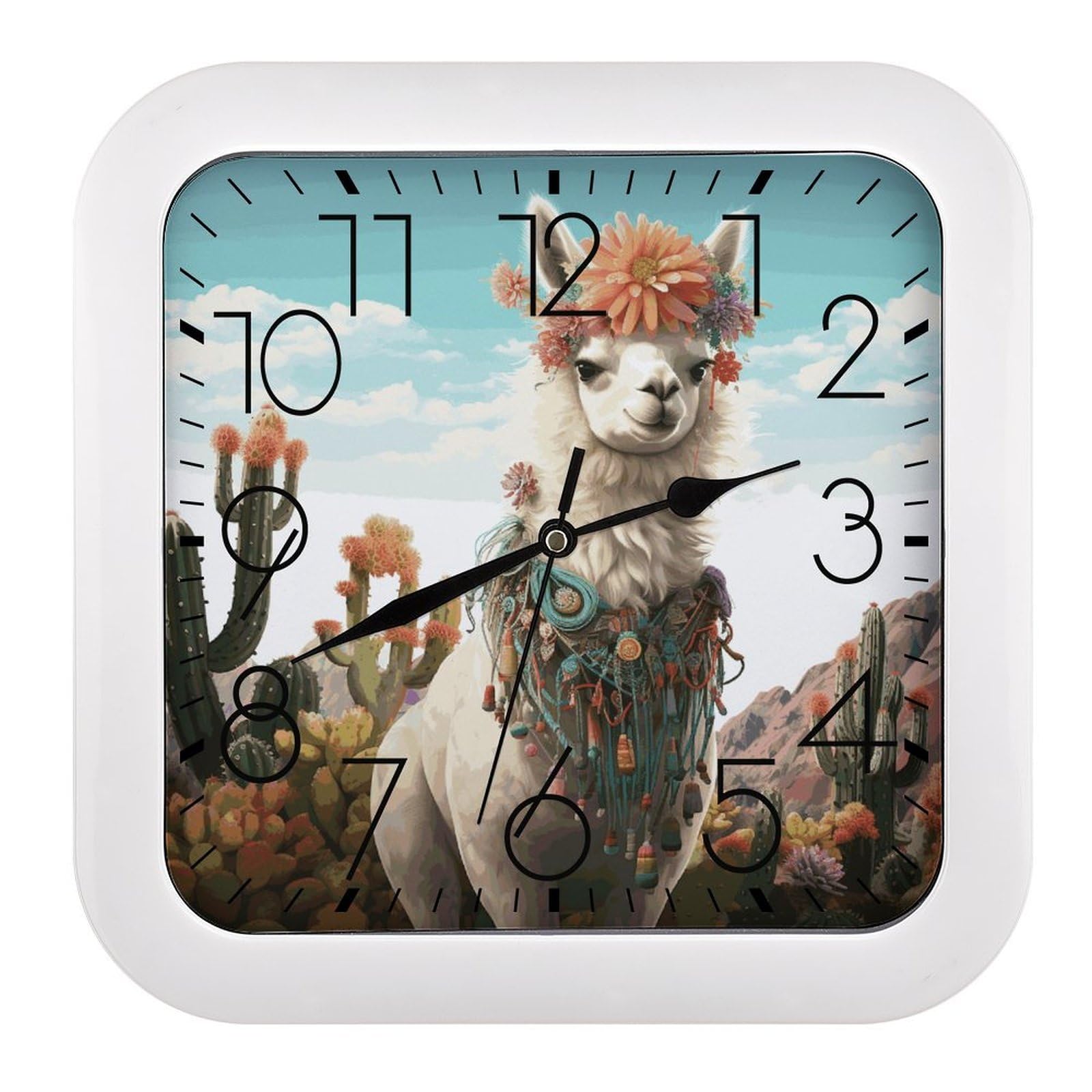 LDGSUPH Mexican Llama Cactus Wall Clock Silent Non-Ticking Modern Clock Personalized Vintage Square Clocks for Travel Office Kitchen Home Decorative Clocks 10.2 Inch