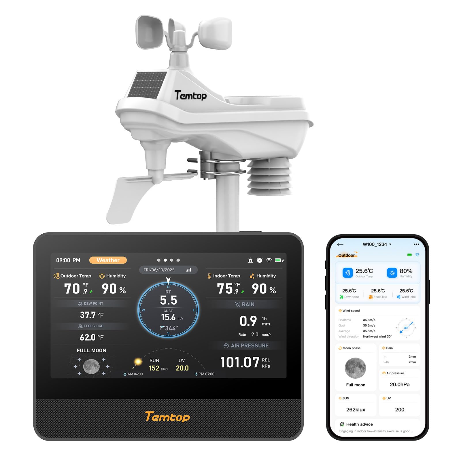 Temtop Stazione Meteo WiFi Interno/Esterno 7" Touchscreen W100, Monitor Qualità dell'Aria PM2,5 PM10 CO2 TVOC, Pluviometro, Velocità e Direzione del Vento, UV, Previsioni AQI