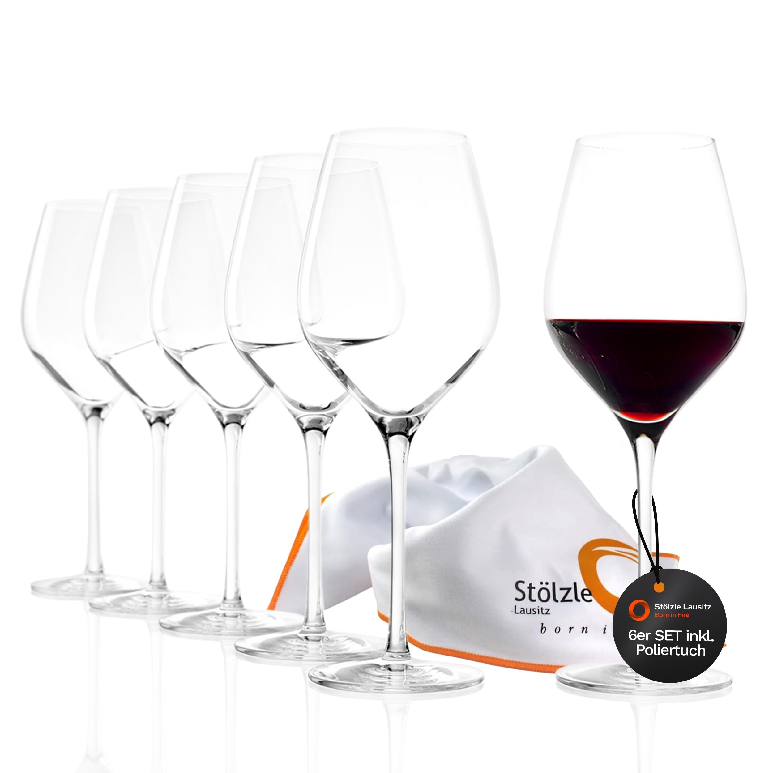 Stölzle Lausitz Exquisit Royal Rotweingläser mit Poliertuch 480 ml, 6er-Set | Rotweingläser mit Poliertuch für Rotwein und optimale Aromaentfaltung, aus Kristallglas, stoßfest & spülmaschinengeeignet