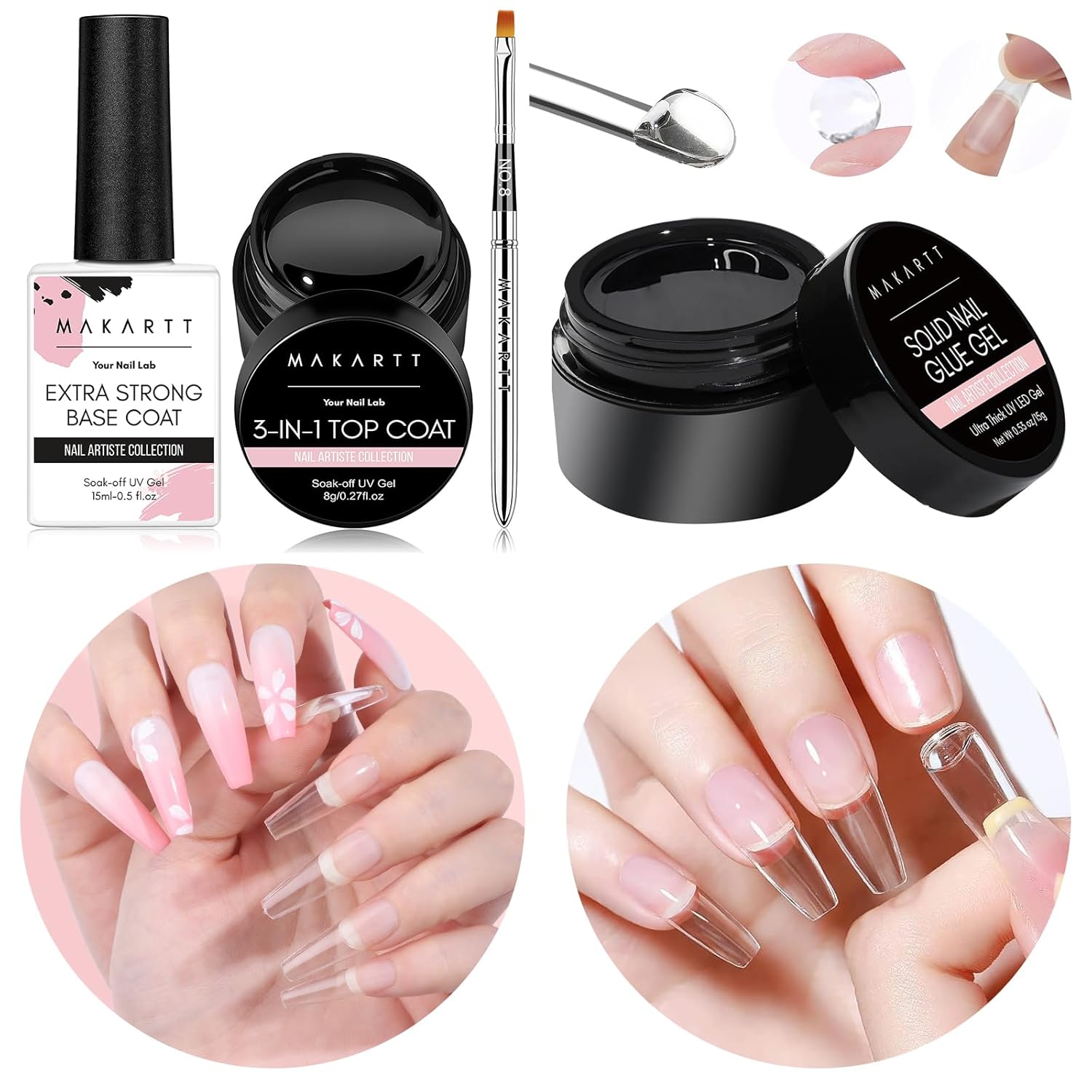 Makartt Solid Nail Glue Gel for Press On Nails Strong Clear Acrylic Nail Tips, 2 Pcs Extra Strong Base Coat & Hard Gel Top Coat for Gel Polish with Nail Art Brush