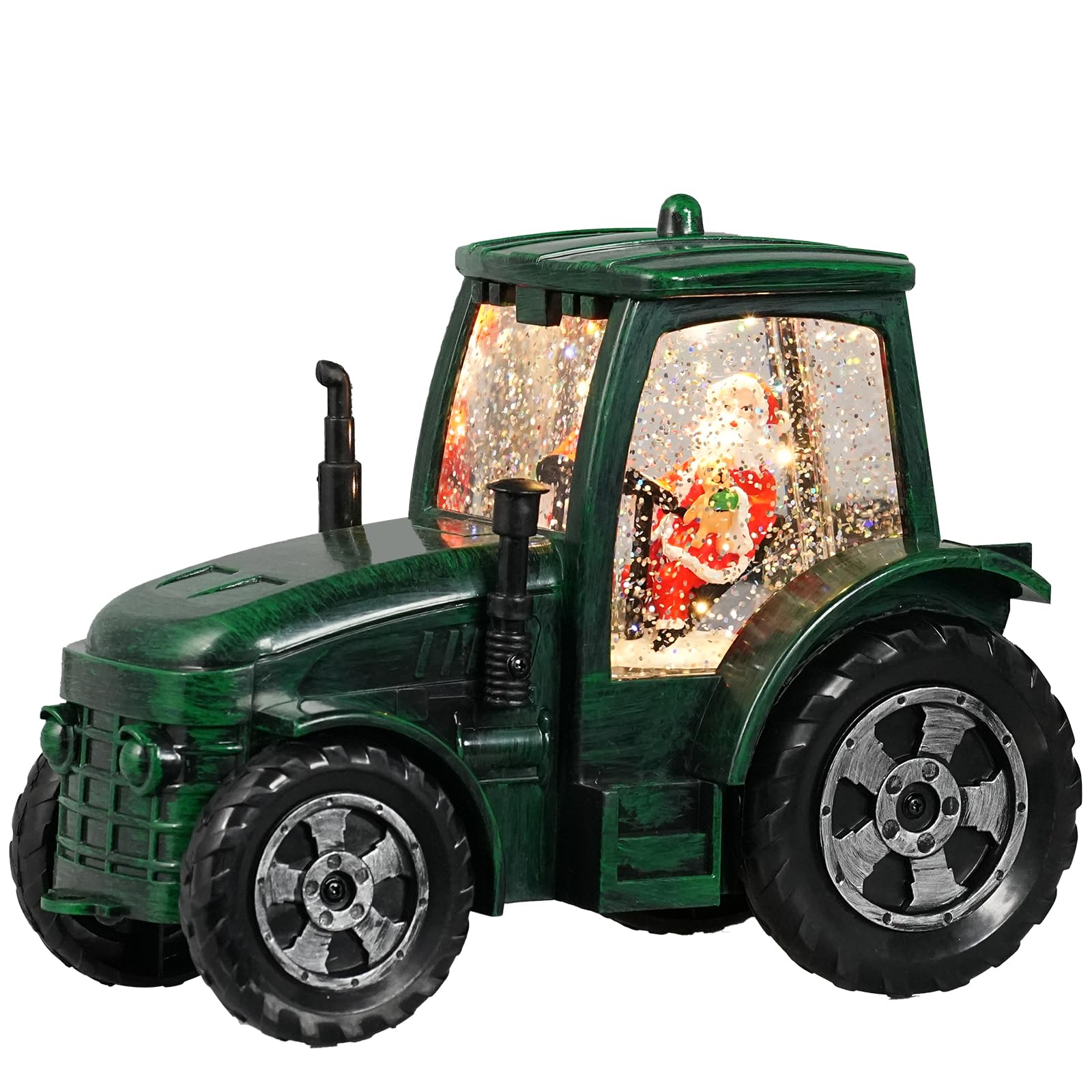 Boule à Neige de Noël, Tracteur Vert, minuterie 6h, Lanterne de Noël Musicale éclairée par Piles et USB, décoration de Noël à Paillettes, Cadeaux pour Vieil Homme, père