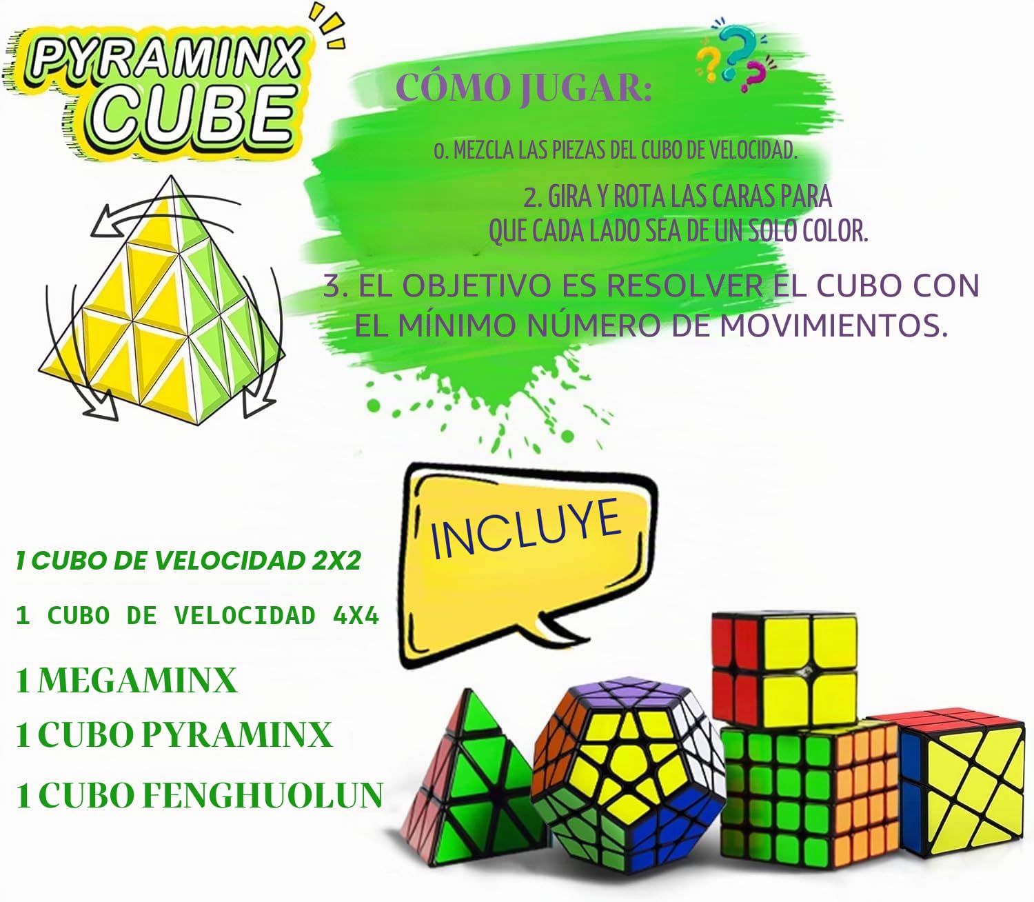 Coolzon Cubo Magico Set, Magic Cube Set de 5 Cubos Mágicos, Juego de Cubos Mágicos de Velocidad 2x2 4x4 Fenghuolun Pyraminx Pyramid Megaminx Fenghuolun Puzzle Cube Toy Presente para Niños Adultos