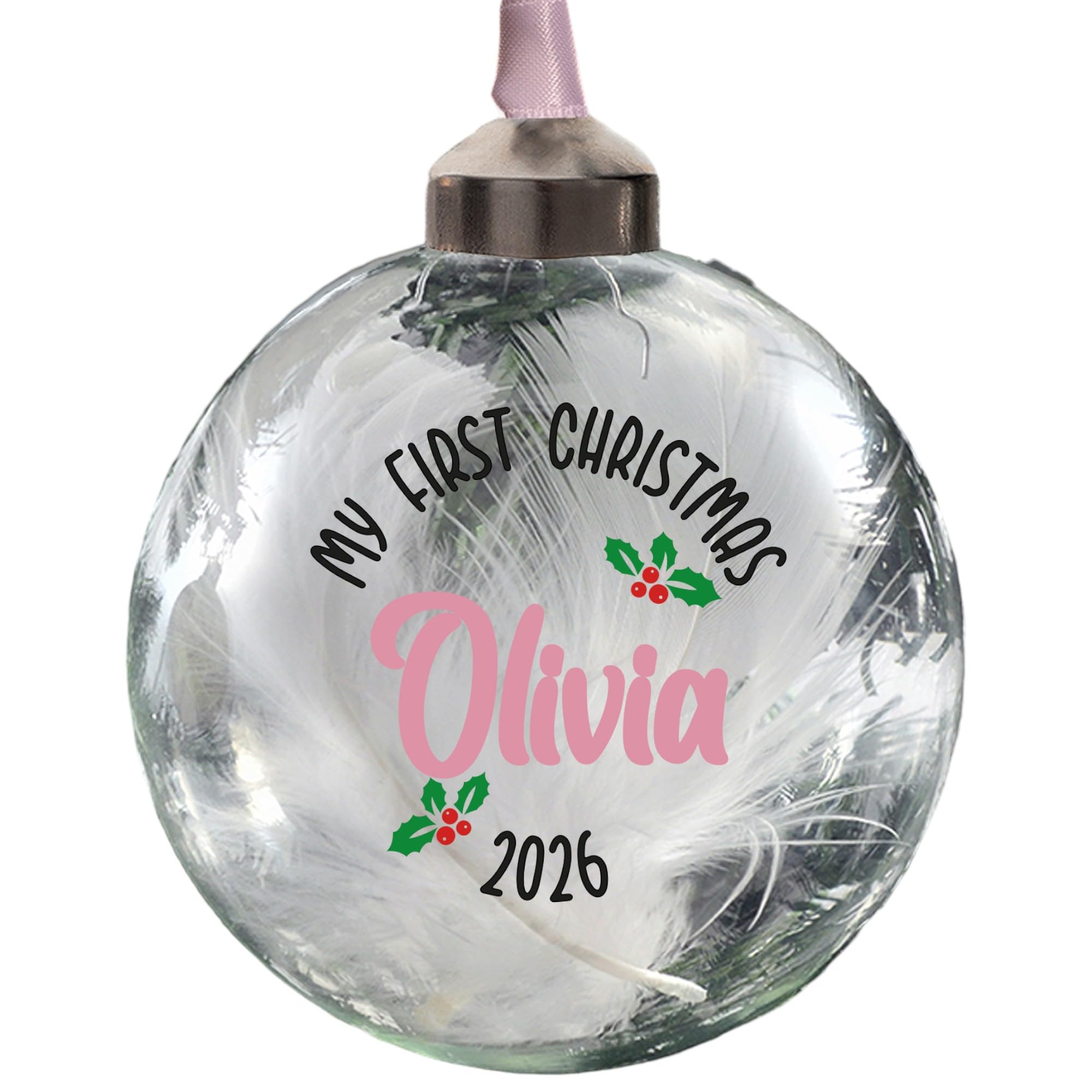 Personalised My First Christmas Bauble Babies 1st Christmas Keepsake First new baby Ornament 8cm Round Glass Bauble in 11 font colours (Pink)