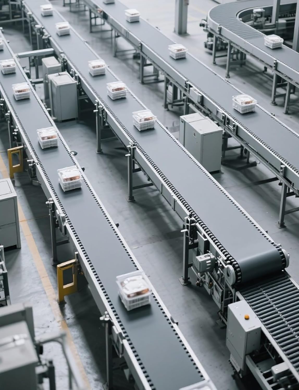 Szary przemysłowy przenośnik taśmowy PVC do linii produkcyjnych opakowań – wytrzymałe rozwiązanie przenośnikowe 60 x 700 cm dla wydajnej obsługi materiałów i transportu