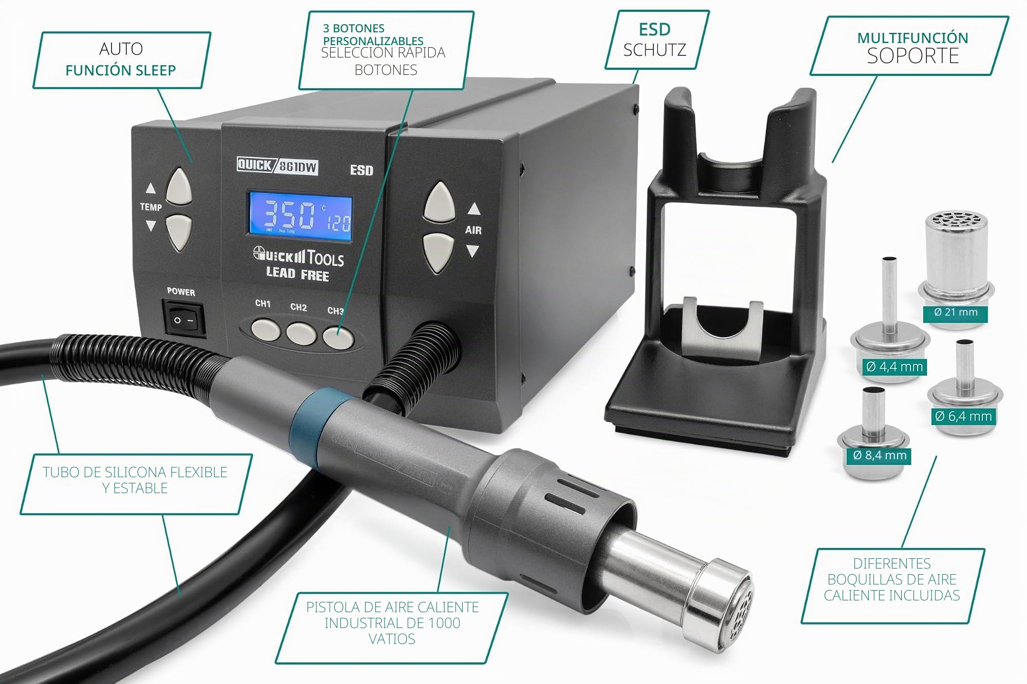 QUICK 861DW - Estación de soldadura profesional de aire caliente (1000 W/rango de temperatura de 100 – 500 °C, aire caliente 120 L/min, estación de trabajo SMD, función de calibración, modo de espera,