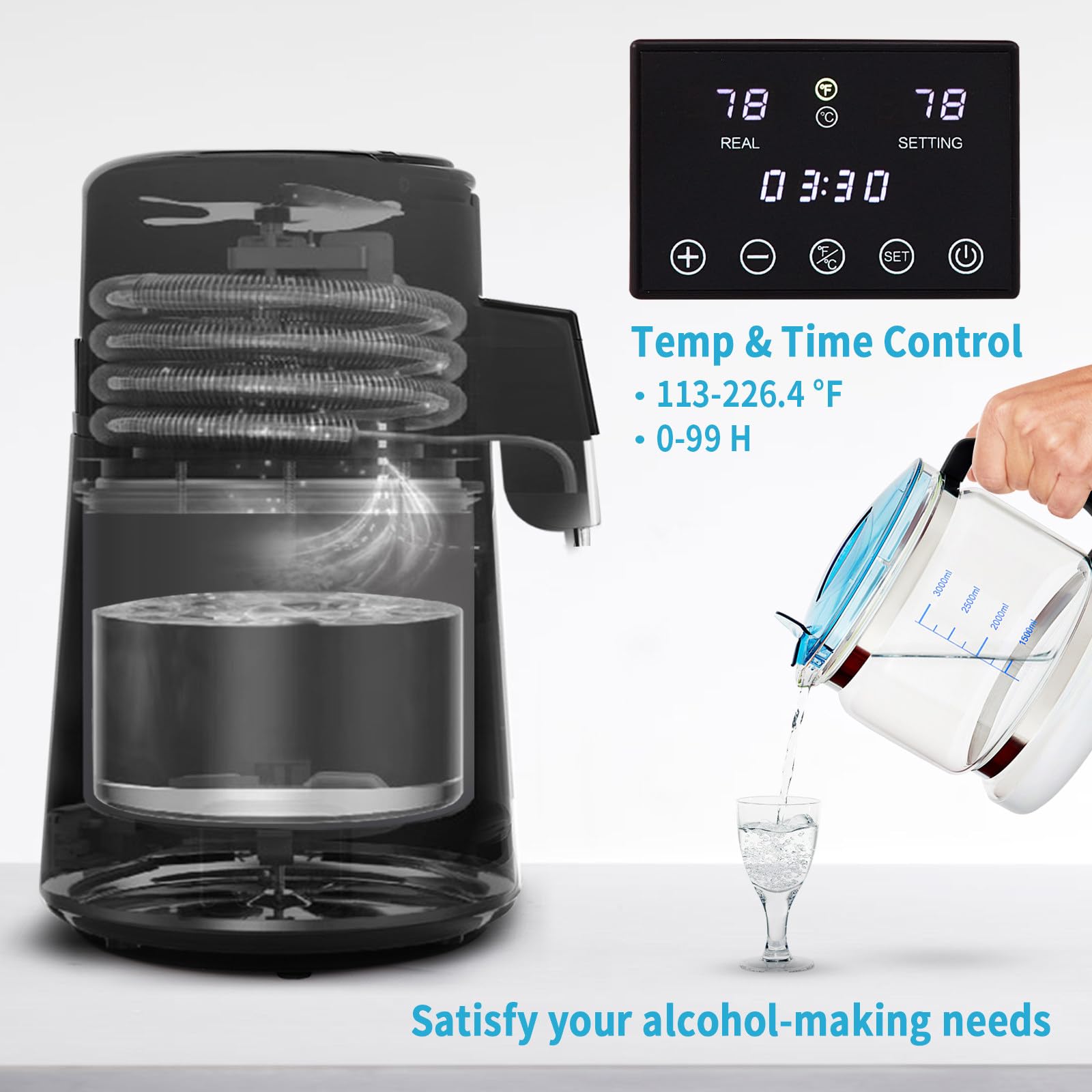 Purificador de máquina de agua destilada de 4 l, 750 W, destilador de agua dental con botella de vidrio, funcionamiento con pantalla táctil, protección contra sobrecalentamiento, pantalla dual de