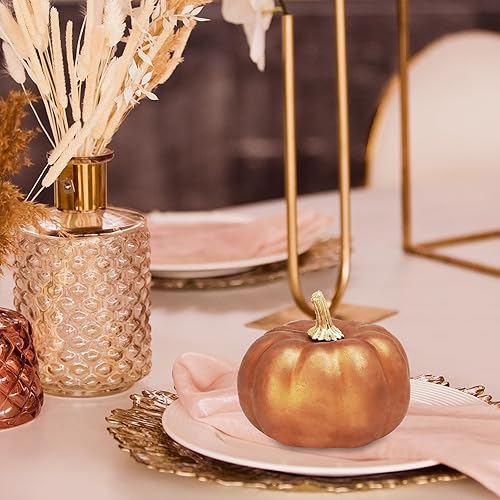Miniatura 7 de Winlyn 12 calabazas artificiales pequeñas de bronce metálico, calabazas decorativas rústicas de otoño, calabazas de espuma sintética para regalo,