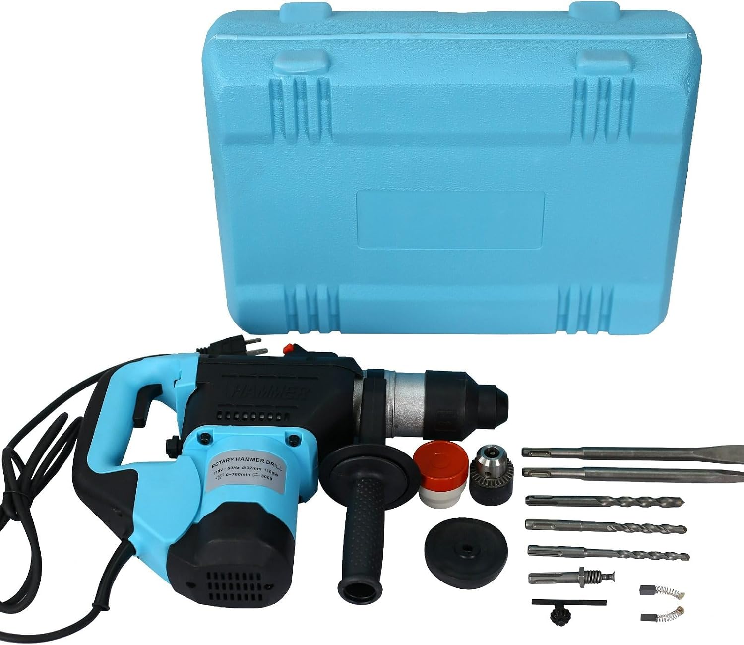 1100W SDS Plus Rotary Hammer Drill, 3-in-1 Function Electric Hammer with 1-1/2" Drilling Capacity, 7 Joules Impact Energy, Anti-Vibration System, Blue Case & Accessories Kit