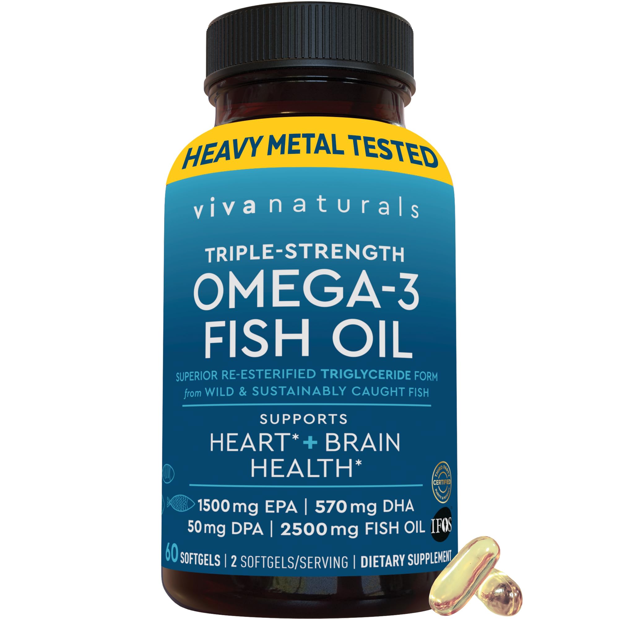 Viva Naturals Omega-3 Fish Oil, Triple Strength, 2500 mg, 60 Softgels – Re-Esterified Omega 3 Fatty Acids Including EPA, DHA, DPA - Pascatarian-Friendly