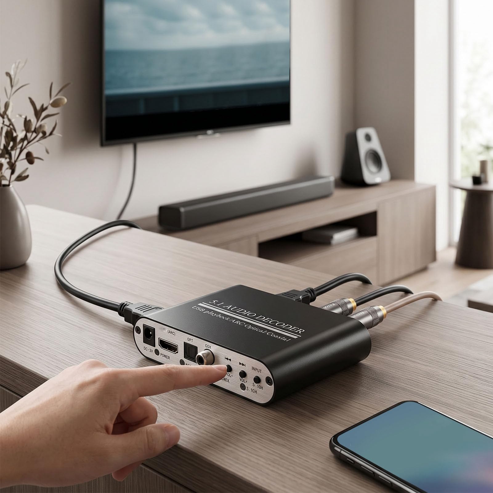 5.1 Dekoder Dźwięku Kanałowego Bluetooth 5.0 108x88x27mm (wtyczka | Stop Aluminiumowy, Optyczny Kabel Współosiowy ARC USB, DTS AC3 LPCM, Muzyka Filmowa Gamingowa, Cyfrowy na Analogowy