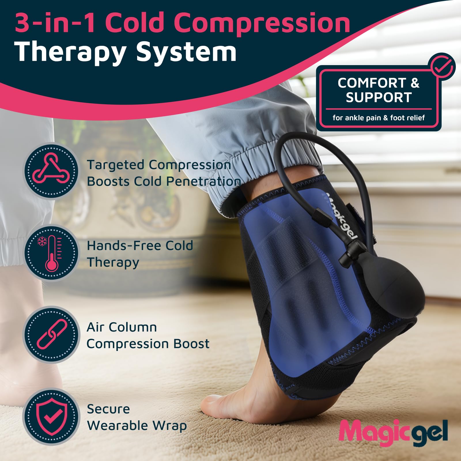 Magic Gel Bolsa de Hielo para Tobillo con Compresión – Bolsa Frío Calor para Tobillo, Talón y Pie – Alivio para Esguince, Hinchazón y Tendinitis de Aquiles – Wrap con Bomba de Aire y 2 Packs