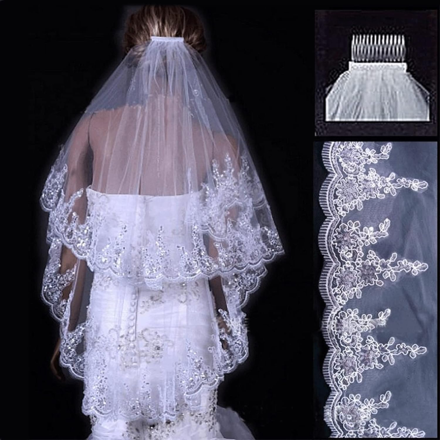 Rieort Velo da Donna Veli da Sposa in Tulle a 2 Livelli Bordo Applicato in Pizzo Velo al Gomito con Strass Velo a Goccia con 1 Pettine Velo da Sposa in Tulle Traspirante