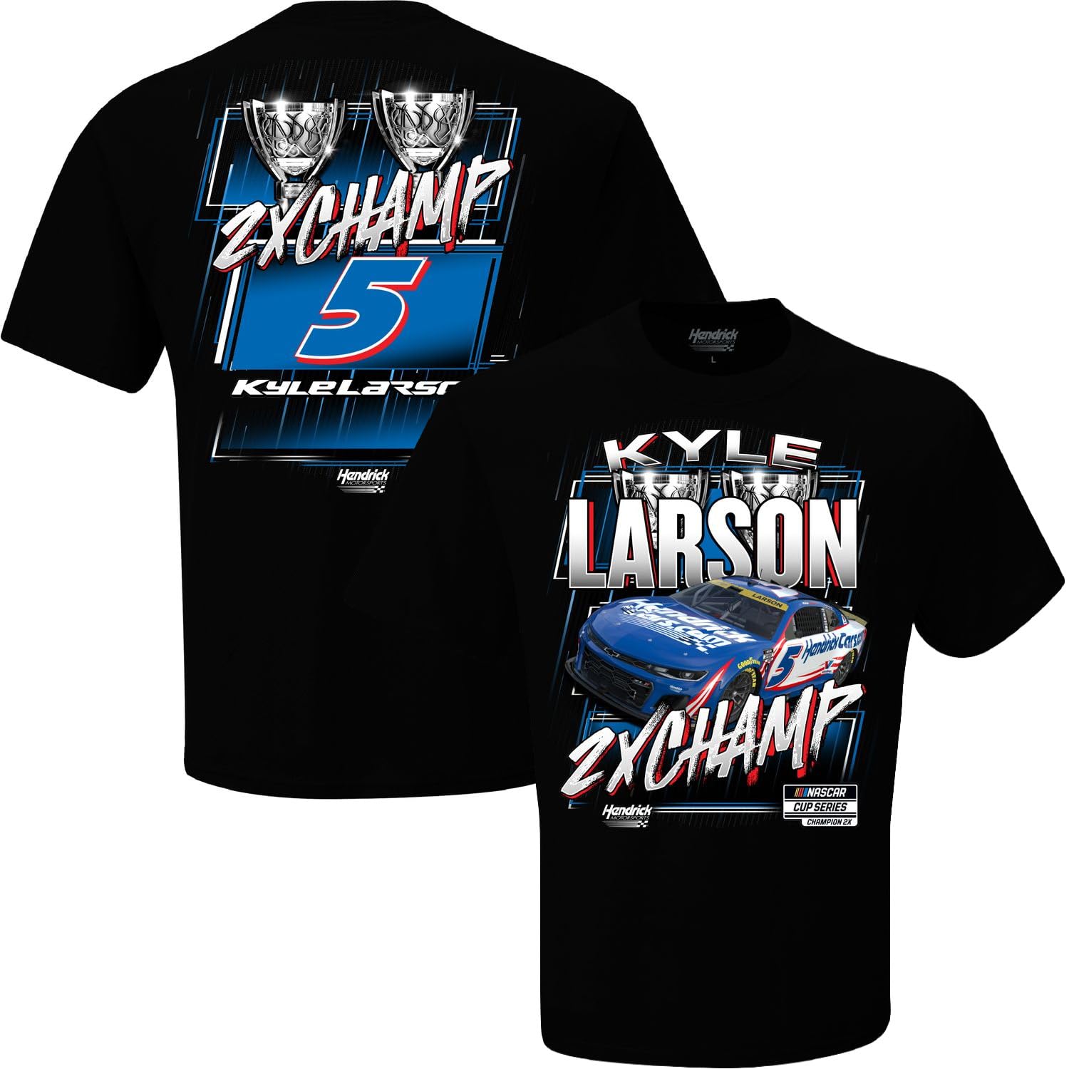 Checkered Flag Sports Kyle Larson 2025 NASCAR 2X Championship Trophy 2-Spot T-Shirt Black