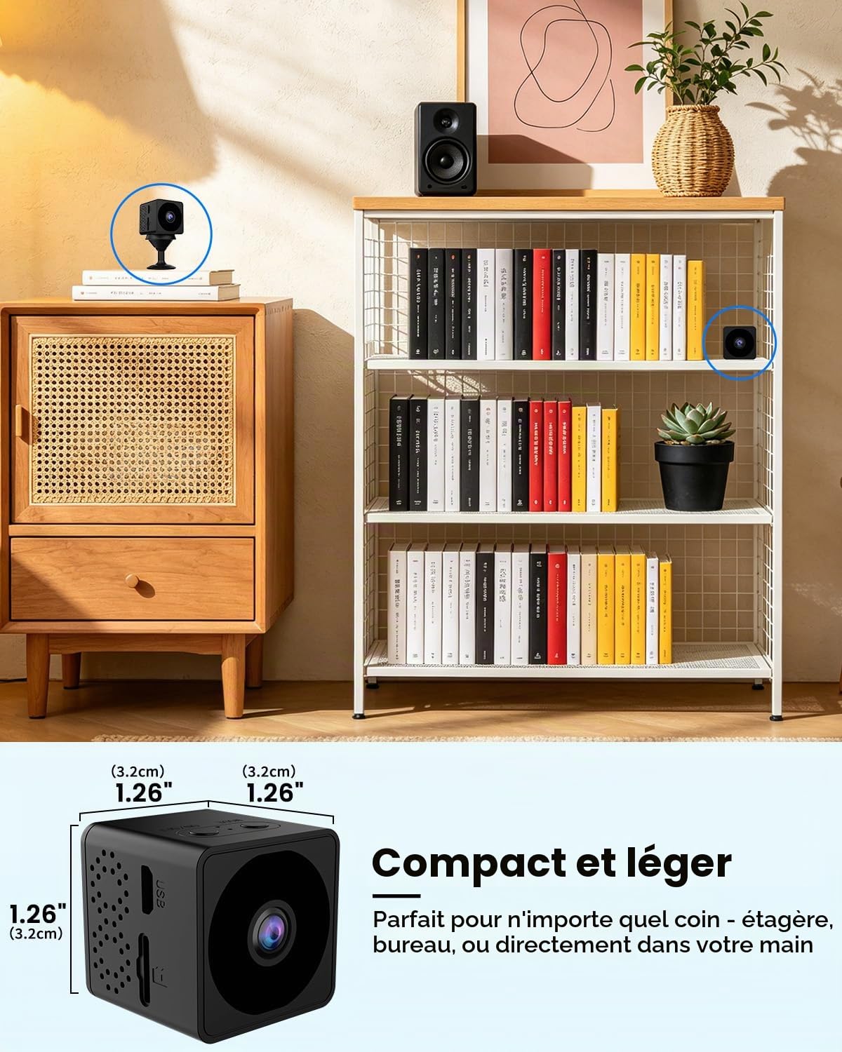 Mini Camera Espion sans Fil, Wi-Fi ou Mode sans WiFi, Camera de Surveillance sans Internet, Vision Grand 160°, Vision Nocturne, Détection Mouvement IA, Mini Surveillance pour Intérieur/Extérieur